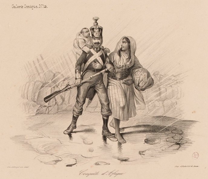 Estampe intitulée « Conquête d'Afrique », datée du XIXe siècle.