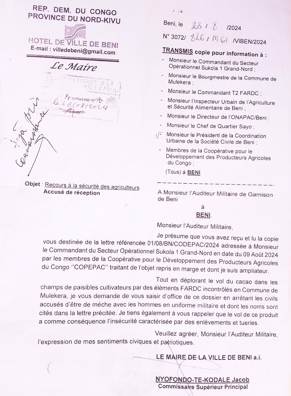 Lettre datée du 23 août 2024 du maire de Beni, Jacob Nyonfondo-Te-Kodale, adressée à l'auditeur militaire de la garnison de Beni demandant les poursuites judiciaires contre des civils complices des FARDC dans le vol de cacao.