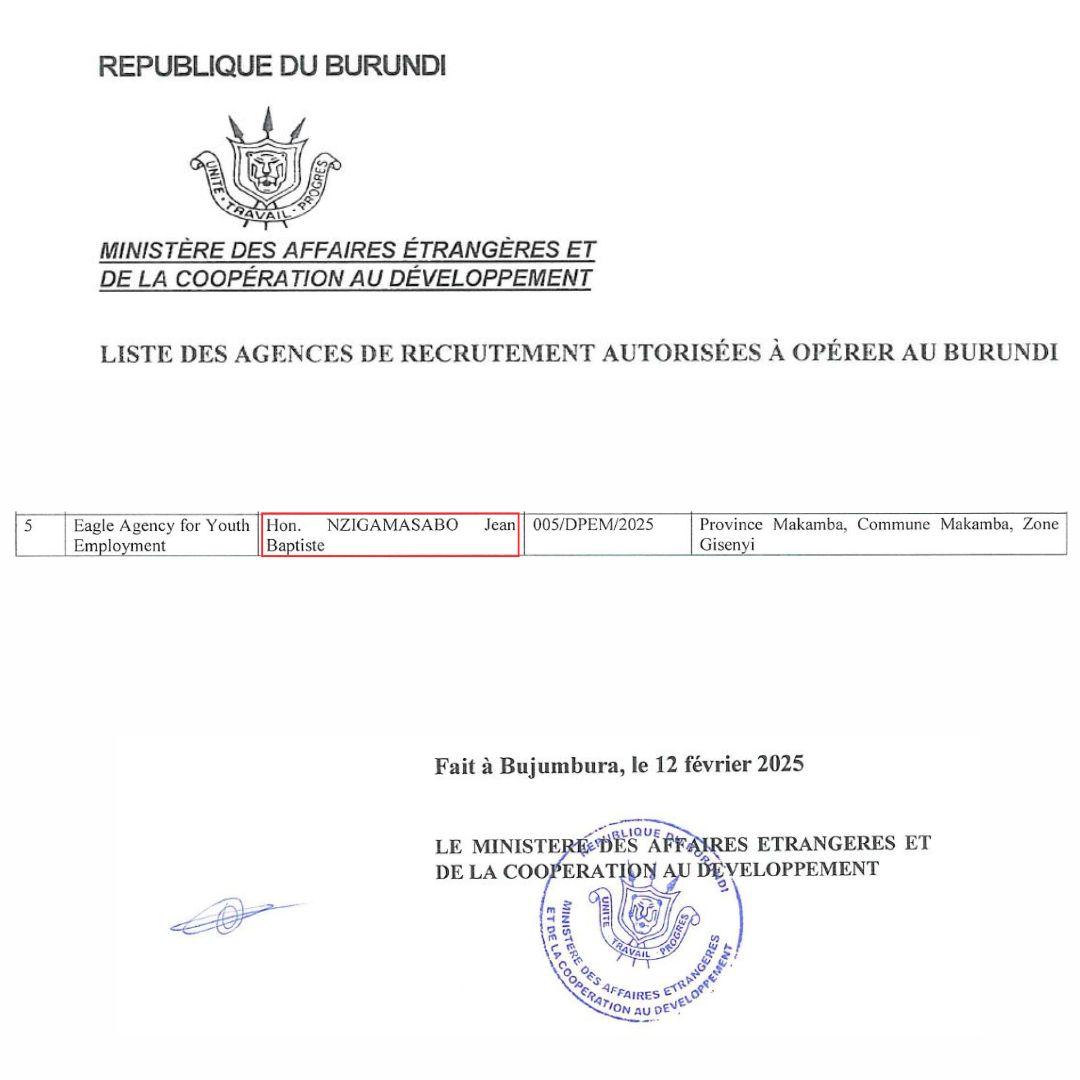 Extrait de la liste des agences de recrutement agréées par l'État burundais. Eagle Agency for Youth Employment appartient à Jean-Baptiste Nzigamasabo, alias Gihahe, un député du parti au pouvoir, le CNDD-FDD.
