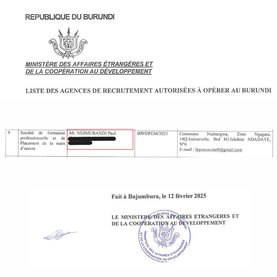 Extrait de la liste des agences de recrutement agréées par l'État burundais. La Société de formation professionnelle et de placement de la main-d'œuvre appartient à Paul Ndimubandi, l'ancien responsable des milices Imbonerakure.