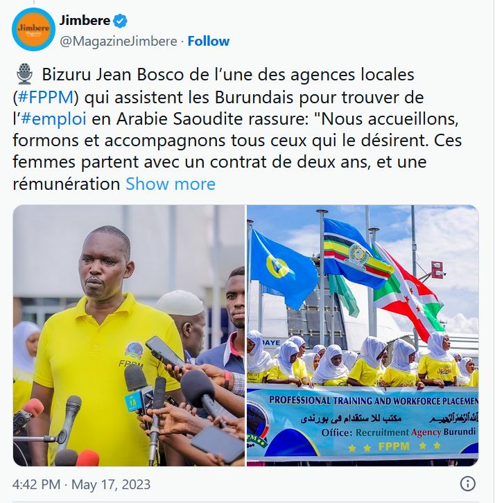 Capture du compte X du journal {Jimbere}. Post publié le 17 mai 2023.