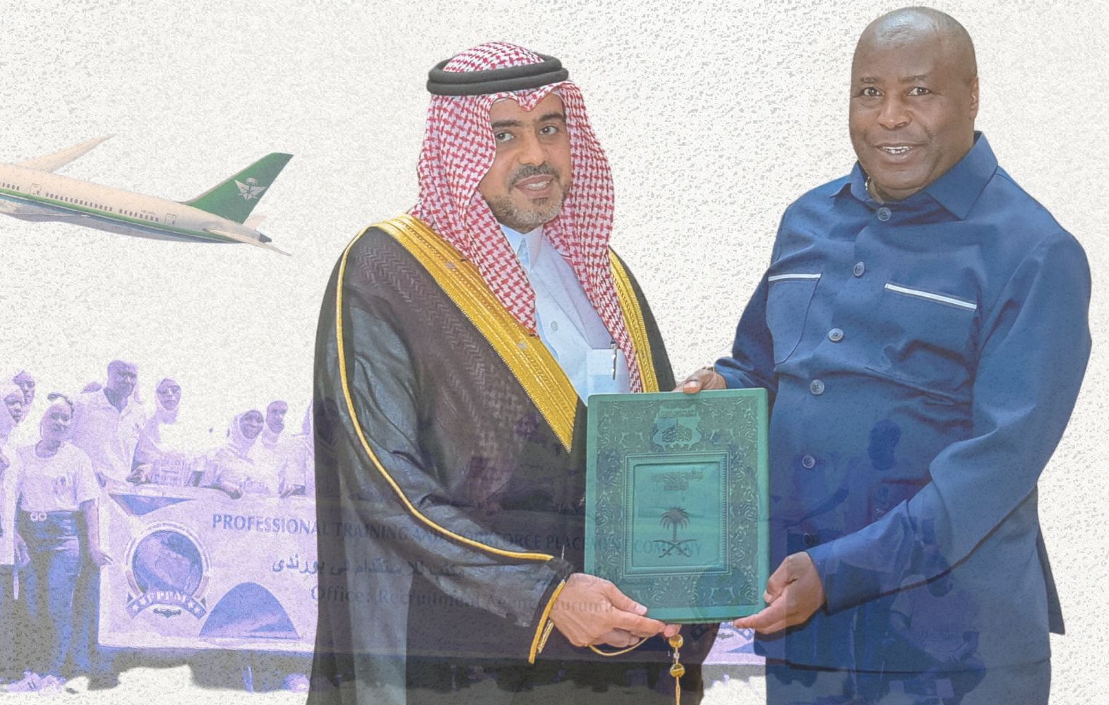 The image depicts a formal ceremony where two men are exchanging a green plaque or certificate. One man is dressed in traditional Saudi attire, including a thobe and a headscarf, while the other is wearing a blue suit. In the background, there is an airplane flying and a group of people holding a banner, possibly in connection to a pilgrimage or religious gathering. The overall tone suggests a celebration or accomplishment related to travel or cooperation, likely involving Saudi Arabia.
