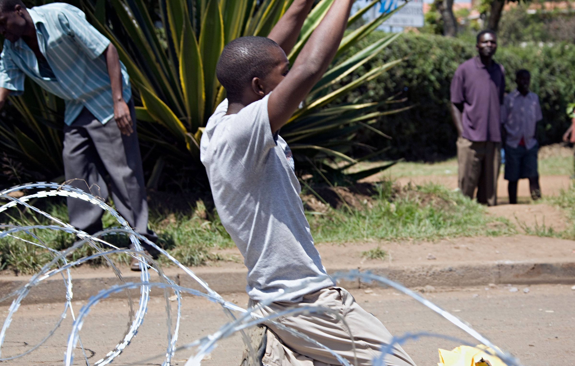 The image depicts a scene where a young man is on his knees, appearing to be in a moment of distress or surrender. He is surrounded by coils of barbed wire on the ground. In the background, there are several individuals observing the situation, some appearing to be standing casually while others are more focused on what is happening. The setting looks to be an outdoor area, possibly a street, with greenery in the background. The overall atmosphere seems tense and conveys a sense of conflict or protest.