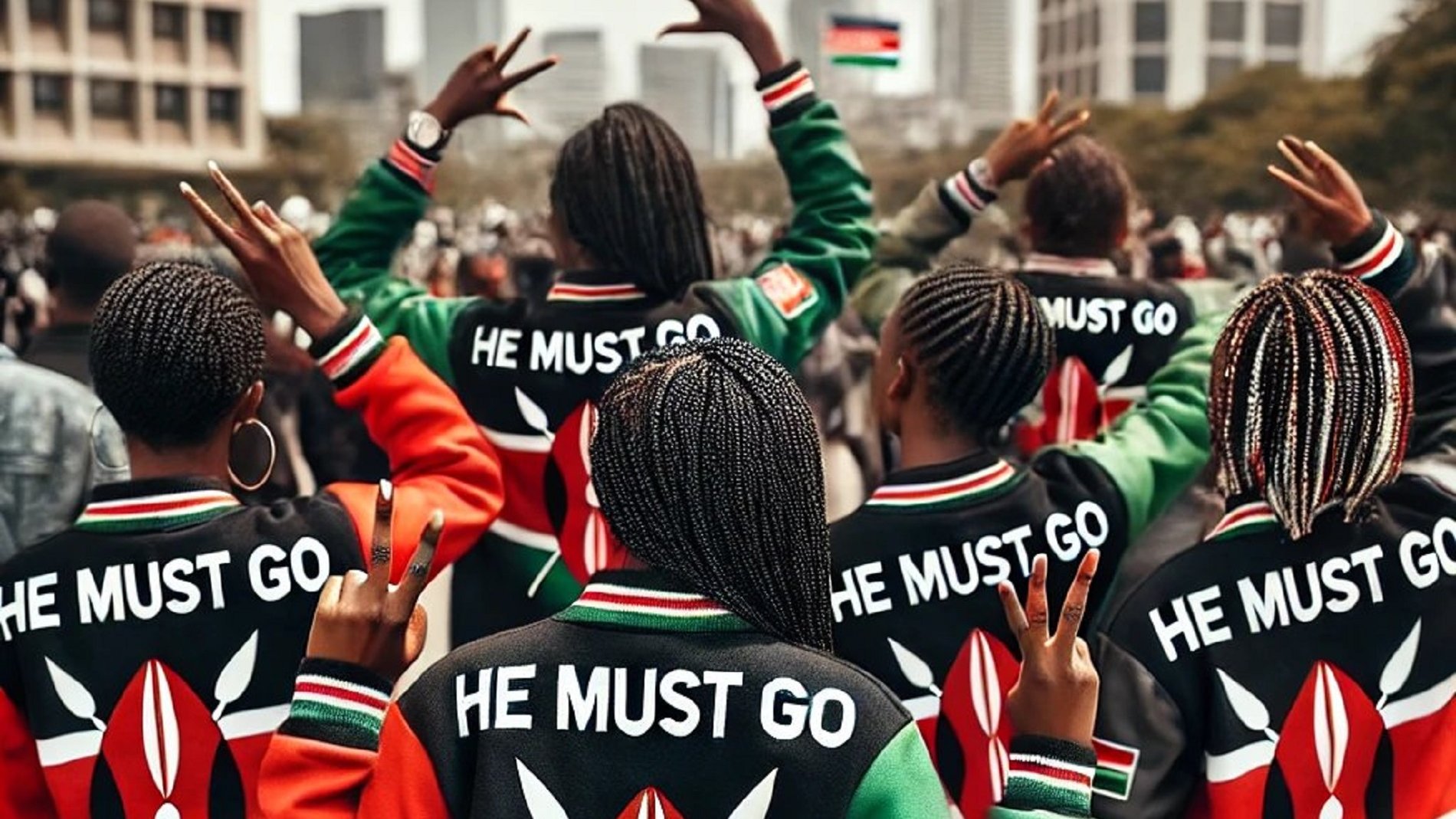 The image shows a group of people standing with their backs to the camera, all wearing matching colorful jackets that feature the Kenyan flag and an artistic design of traditional Kenyan symbols. They have their hands raised in a peace sign gesture, indicating solidarity and protest. The text "HE MUST GO" is prominently displayed on the back of each jacket, suggesting a strong political message. In the background, there are buildings and a crowd, indicating that this is likely taking place in a public demonstration or rally.