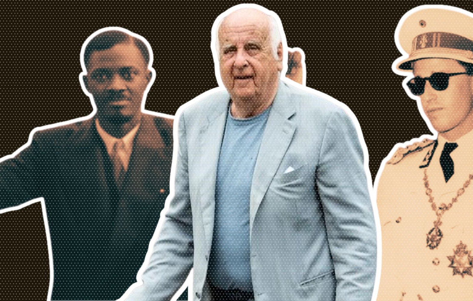 The image features three prominent figures. One figure on the left is a man dressed in formal attire, raising one arm in a gesture that suggests defiance or empowerment. The central figure is an older man in a light blue blazer, appearing casual and confident as he walks. The figure on the right wears a military-style uniform with sunglasses, projecting authority. The background is a dark brown color, and the figures are outlined prominently.