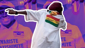 The image features a figure wearing a white shirt with vibrant colors and a design on the back. The background includes repeated images of a man, possibly a political figure, smiling and wearing a hat with a logo. The overall color scheme is purple, enhancing a dynamic atmosphere. The shirt's imagery suggests a message of confidence or defiance.