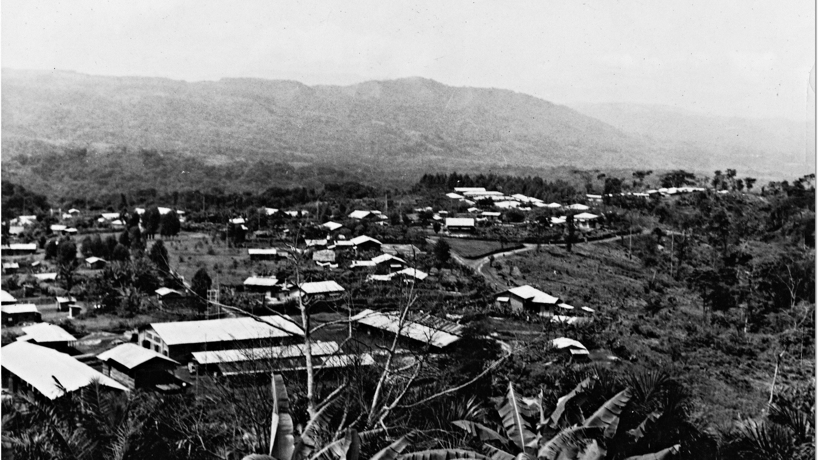 Cette image propose une vue panoramique d'un paysage rural. Au premier plan, on remarque une végétation dense, avec des feuilles larges et des arbres. En arrière-plan, se déploie une vallée avec plusieurs maisons aux toits en tôle, éparpillées sur le terrain. Certaines constructions sont entourées d'arbres et de collines, tandis que les montagnes s'élèvent au loin, créant un contraste avec le ciel. Les nuances de gris de l'image évoquent un atmosphère nostalgique et calme, typique d'une région tranquille, loin du brouhaha urbain.