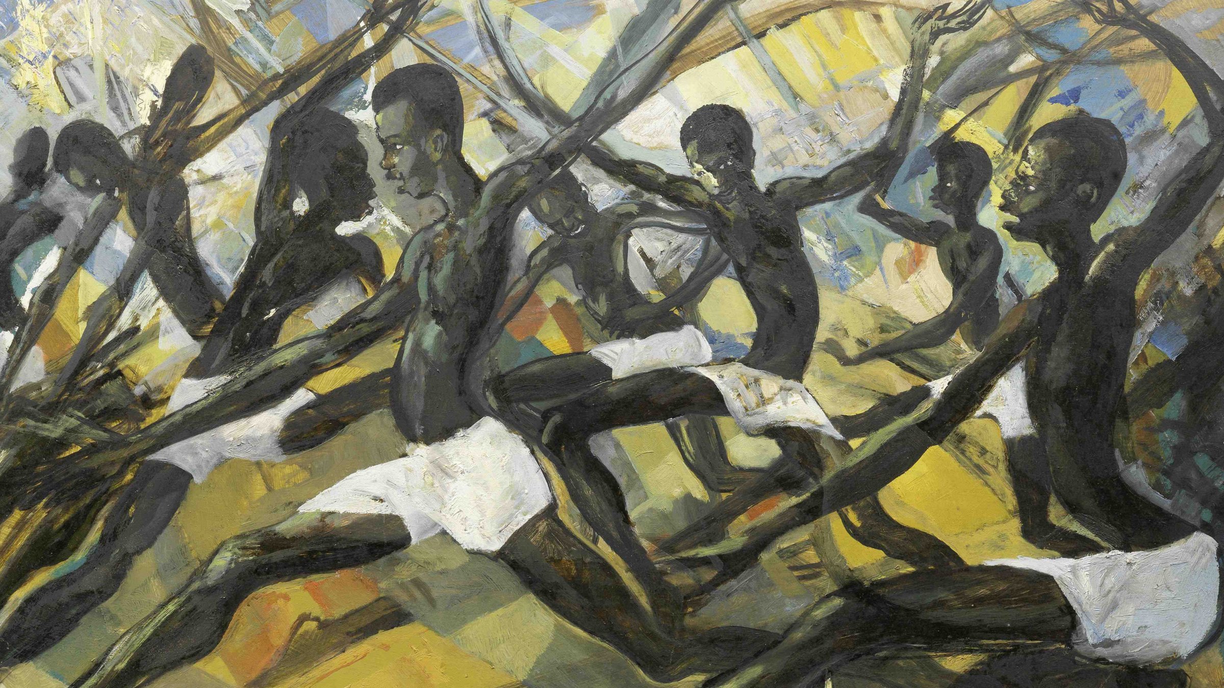 L'image représente une scène dynamique et énergique, où plusieurs figures humaines sont en mouvement. Ces personnages, tous représentés avec une peau noire, semblent engagés dans une danse ou une performance rythmique. Ils sont habillés de manière minimaliste, portant seulement des sous-vêtements blancs. Leurs corps sont musclés et leur posture montre une grande force et fluidité. L'arrière-plan est un mélange de couleurs vives, principalement des teintes de jaune, de vert et de bleu, qui évoquent une certaine énergie et dynamisme. Les lignes sont angulaires et donnent une impression de mouvement rapide, comme si la scène était en pleine action. L'œuvre respire la vitalité et la culture, transmettant une forte émotion à travers les gestes des danseurs.