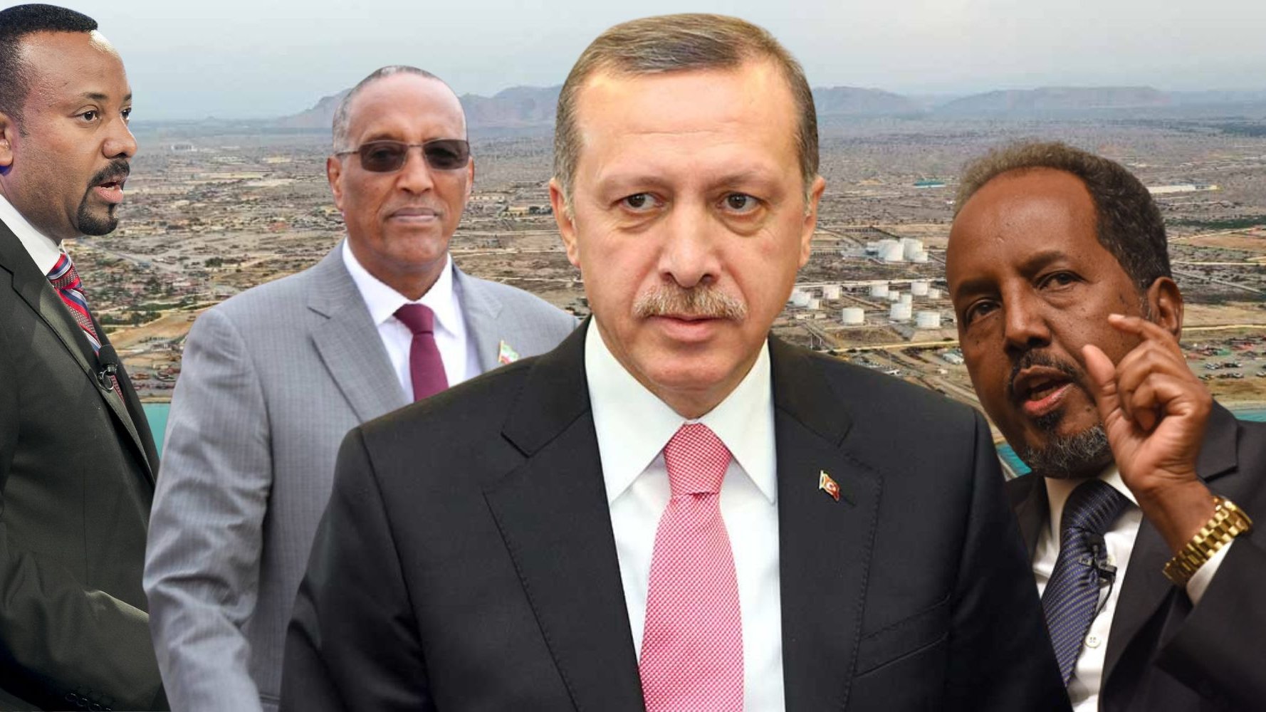 L'image présente plusieurs figures politiques, superposées sur un paysage urbain en arrière-plan. Au centre, un homme portant un costume sombre et une cravate rose, semblant sérieux, représente un leader important. À gauche, un autre homme en costume rayé, se tourne légèrement vers la droite, tandis qu'à droite, un homme avec une chemise noire et des accents blancs souligne un point avec passion. En arrière-plan, on aperçoit une ville, probablement une vue panoramique, suggérant un contexte économique ou politique. Cette composition met en avant l'interaction entre ces dirigeants dans un cadre de discussion ou de réunion.