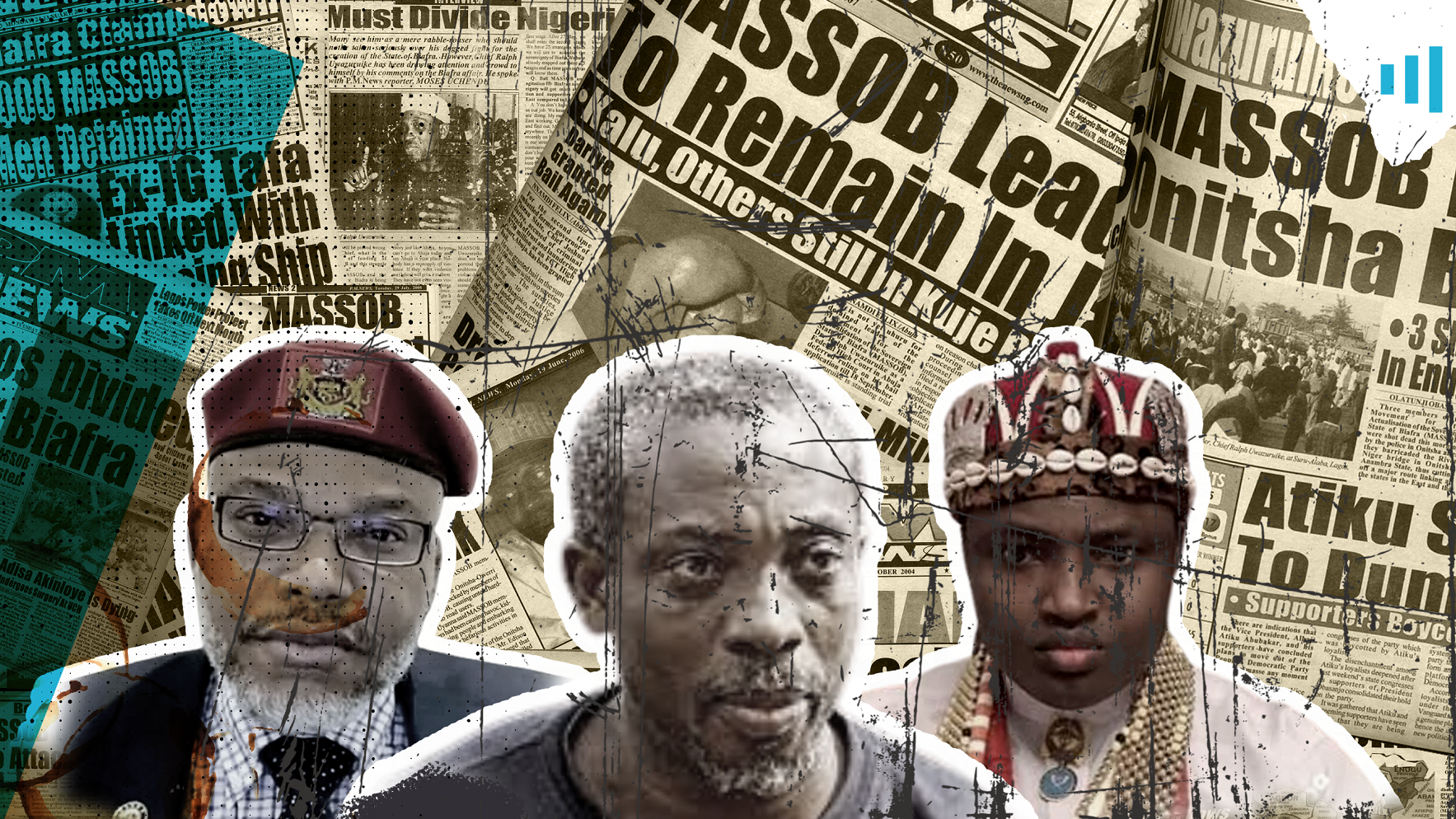 L'image représente un collage d'éléments visuels symboliques liés à un contexte historique ou politique. En arrière-plan, on peut voir des extraits de journaux, suggérant une ambiance de reportage et d'actualité. Au premier plan, il y a trois silhouettes d'hommes, chacun portant des attributs distincts. Le premier, à gauche, est habillé en tenue militaire avec une casquette, tandis que le second, au centre, a une expression sérieuse et un style vestimentaire décontracté. Le dernier homme, à droite, porte une coiffe traditionnelle qui indique des racines culturelles profondes. L'ensemble de l'image transmet une impression de tension et de gravité, avec des éléments graphiques qui soulignent les enjeux sociopolitiques évoqués par les visages et les textes.