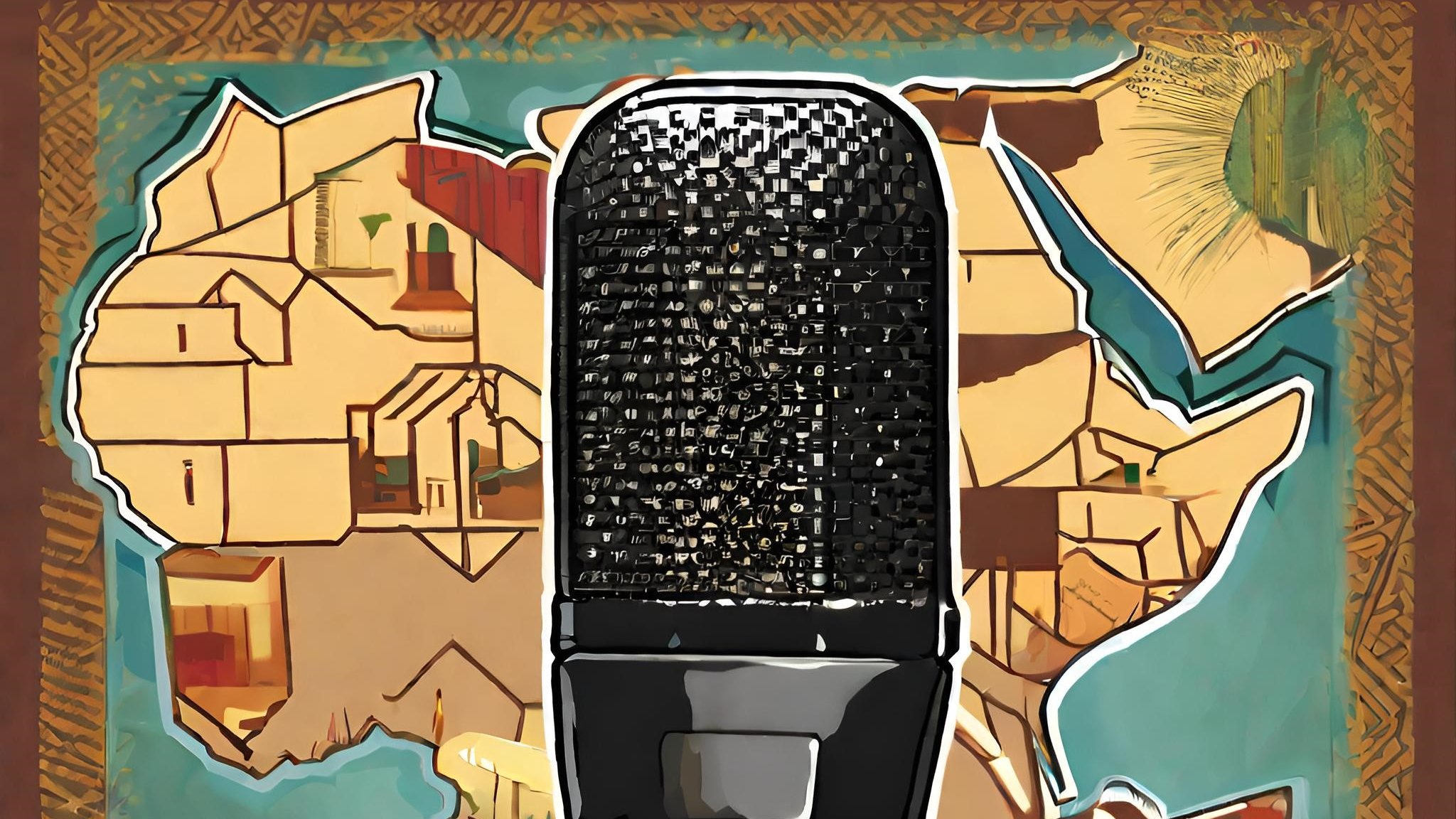 L'image présente un microphone classique, en métal noir et brillant, placé au centre. En arrière-plan, une carte stylisée de l'Afrique est visible, avec des contours et des formes évoquant des paysages et des motifs culturels. Les couleurs de la carte sont variées, avec des teintes de marron, de bleu et de vert. Ce contraste entre le microphone et la carte met en avant une connexion entre la musique ou la voix et les diverses cultures africaines. L'ensemble crée une atmosphère dynamique, évoquant l'idée de communication et d'expression artistique.