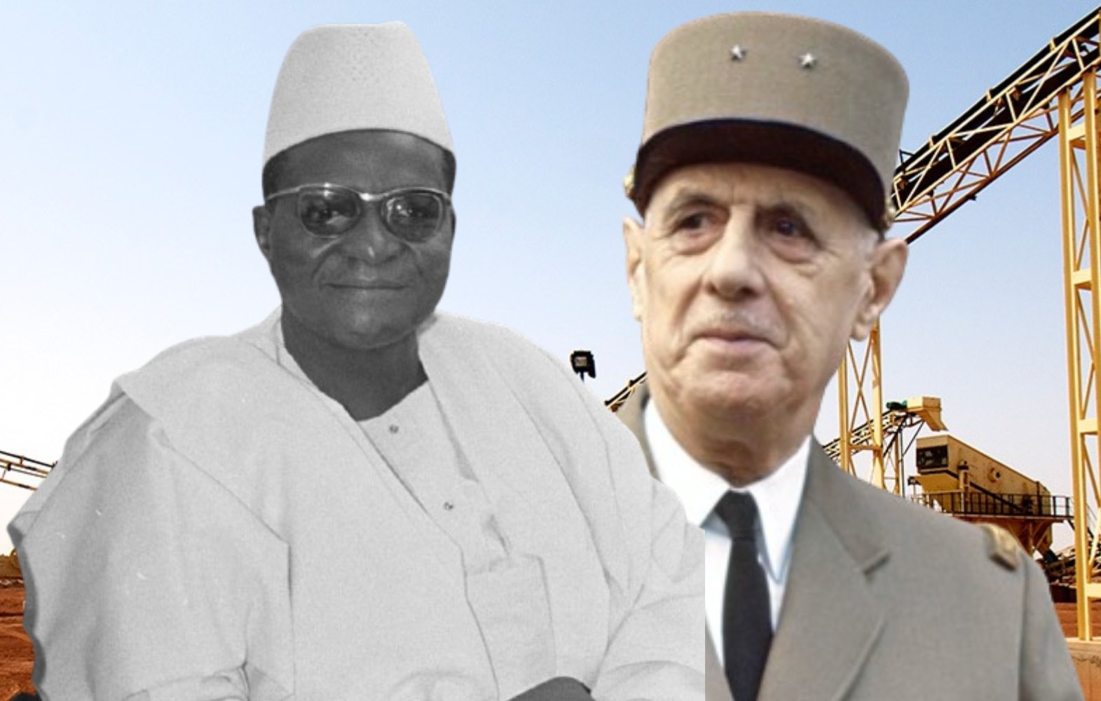 L'image montre deux figures importantes de l'histoire. À gauche, on voit un homme portant une tenue traditionnelle, avec une chemise blanche et un chapeau. Il a une expression sereine. À droite, un homme en uniforme militaire, avec un chapeau distinctif, regardant vers l'objectif. L'arrière-plan est composé d'une infrastructure industrielle, peut-être des machines ou des bâtiments, qui évoque un cadre de développement économique. L'ensemble de l'image semble évoquer une rencontre entre deux cultures ou époques différentes.