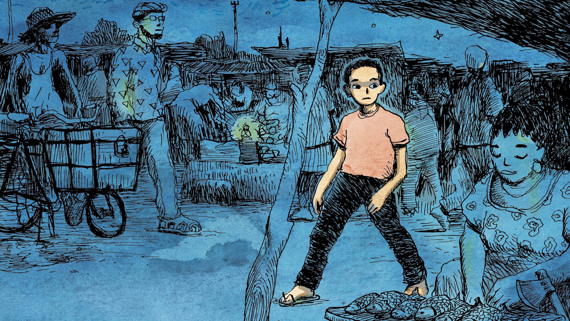 L'image représente une couverture de bande dessinée intitulée "Djarabane : Au petit marché des amours perdues". En arrière-plan, on peut voir un ciel étoilé d'un bleu profond, parsemé de petites étoiles. Au centre, un jeune garçon se tient debout, regardant autour de lui avec une expression de curiosité. Le décor évoque un marché animé, avec des marchandises exposées et des silhouettes de personnes en mouvement, créant une ambiance vivante et vibrante. Le titre est écrit en lettres jaunes et accrocheuses, ajoutant à l'énergie de la scène. L'ensemble présente un mélange de mystère et de nostalgie, invitant le lecteur à plonger dans une histoire touchante.