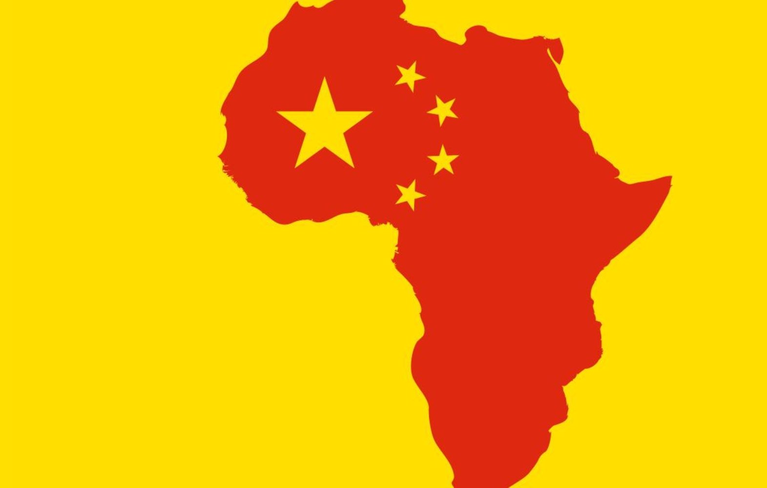 L'image présente une carte de l'Afrique sur un fond jaune éclatant. La carte est remplie d'une teinte rouge vif. Sur cette carte rouge, on distingue un motif représentant le drapeau de la Chine : une grande étoile dorée sur la partie gauche et quatre petites étoiles dorées disposées en arc à sa droite. Cette image symbolise une connexion ou une influence entre la Chine et le continent africain.