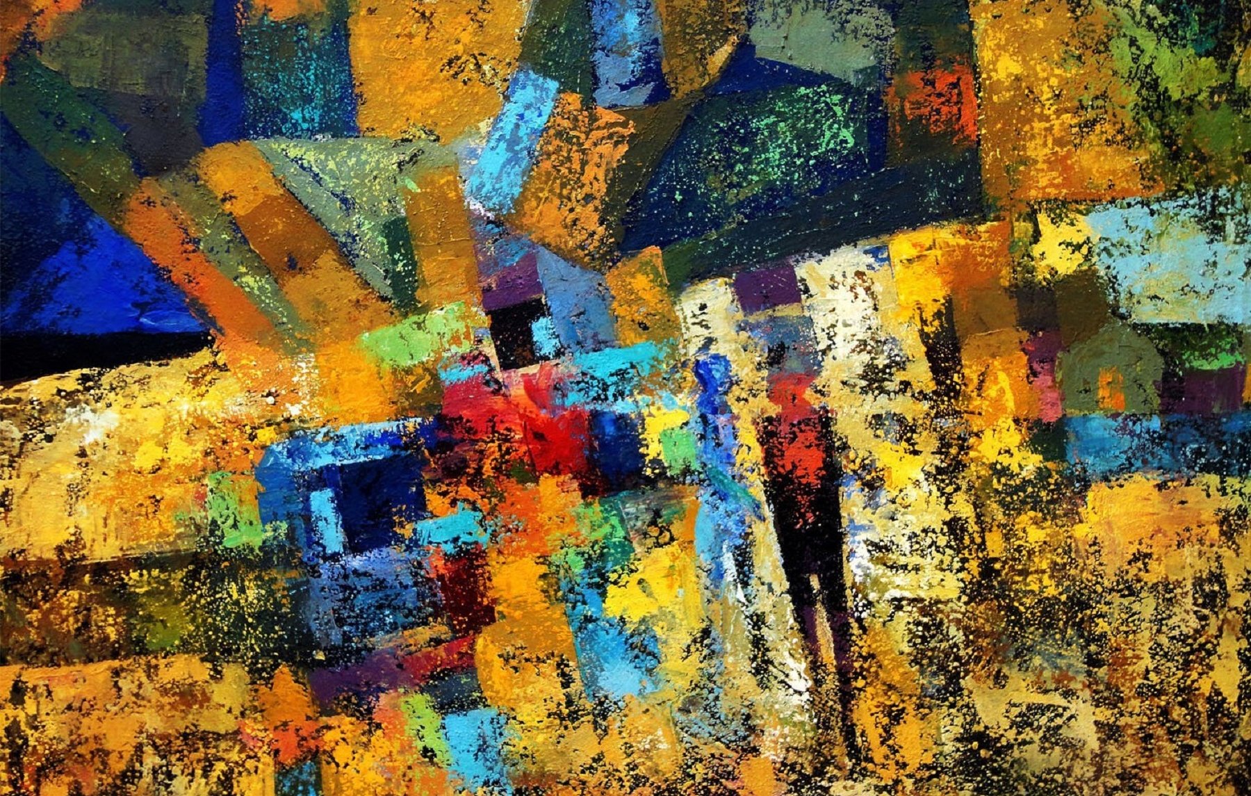 Cette image est une peinture abstraite riche en couleurs vives. On y distingue des formes géométriques et des traits qui évoquent des silhouettes humaines. Les teintes dominantes sont des jaunes, oranges, bleus et rouges, créant une ambiance dynamique et chaleureuse. Les contrastes entre les couleurs suggèrent une profondeur et une texture, avec des coups de pinceau visibles qui ajoutent du mouvement à l'œuvre. L'ensemble dégage une impression de vie et d'énergie, laissant place à l'interprétation personnelle.