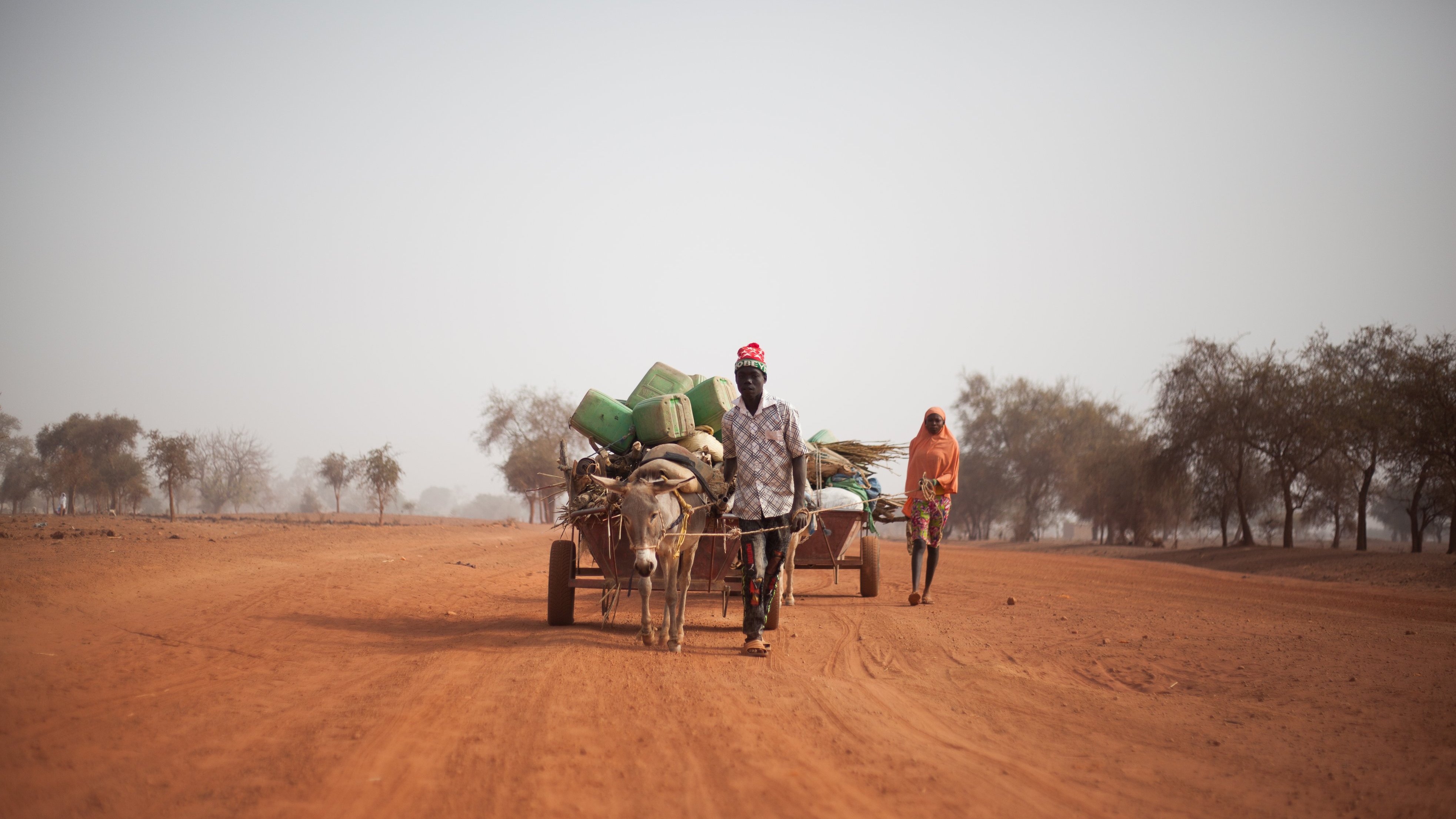 L'image montre une scène dans un paysage rural, probablement en milieu désertique. Au premier plan, on voit un homme marchant à côté d'une charrette tirée par unâne. La charrette est chargée de divers objets, probablement des seaux et des provisions. À l'arrière-plan, une autre personne, vêtue d'un habit distinctif, avance sur le chemin poussiéreux. Le sol est rougeâtre, typique des régions sahéliennes, et quelques arbres dispersés ajoutent une touche de verdure au tableau. L'ambiance générale semble calme et méditative, évoquant une vie simple et traditionnelle.