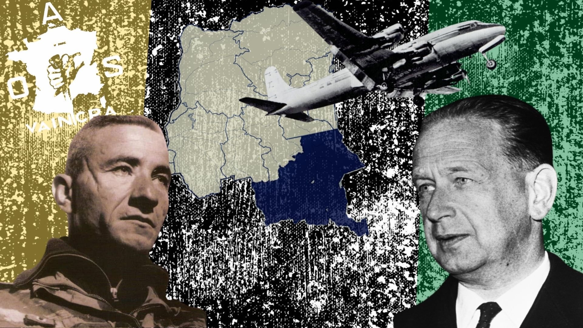 L'image que vous avez devant vous est une composition graphique qui évoque un contexte historique. En arrière-plan, on peut distinguer une carte de l'Afrique centrale, mettant en avant des zones colorées, notamment une partie en bleu. Sur la gauche, un homme en uniforme militaire regarde vers la droite. Son expression semble sérieuse et déterminée. À droite, un autre homme en costume, avec une expression plus calme, est également tourné vers la gauche. Au-dessus de la carte, un avion survole la scène, suggérant un mouvement dans les airs. Le fond est texturé et présente des éléments en noir et blanc, ce qui accentue une atmosphère de gravité et de tension. Dans le coin supérieur gauche, un logo ou un symbole, dont la signification n'est pas précisée, attire également l'attention. Les couleurs vertes, jaunes et rouges des contours de la carte pourraient évoquer le drapeau d'un pays d'Afrique.
