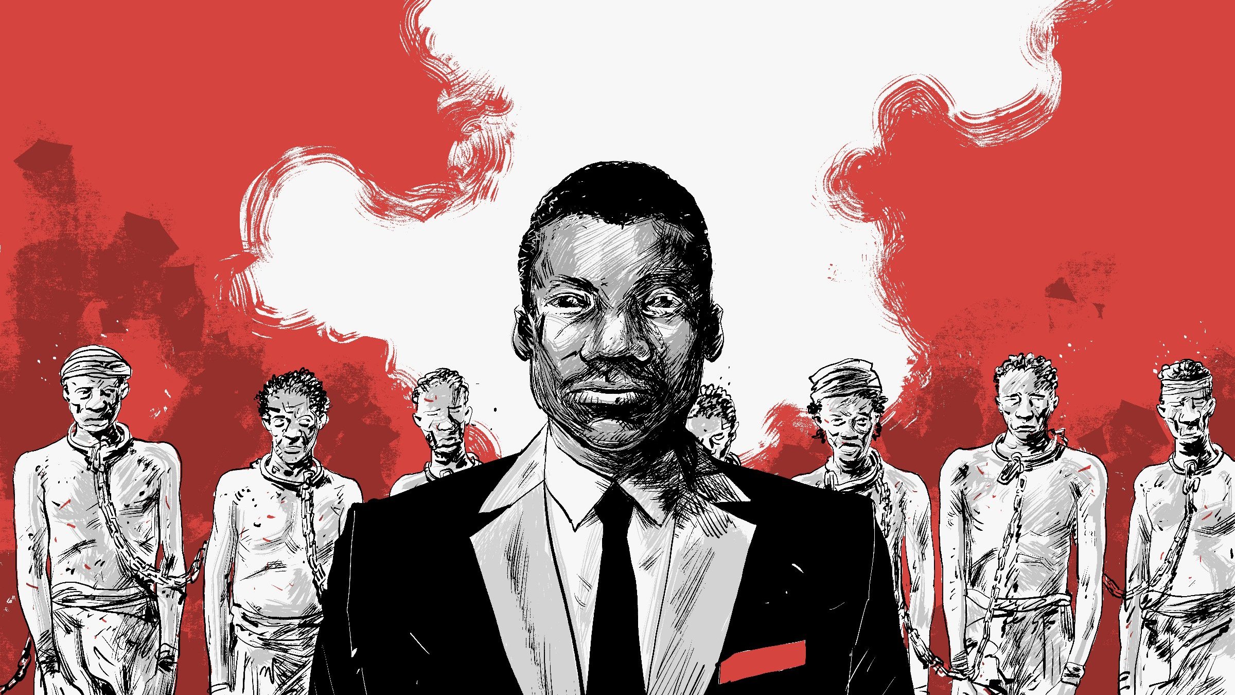 L'image présente un homme en costume noir, avec une chemise blanche et une cravate noire, au centre du dessin. Il a un regard déterminé, et un détail rouge sur sa veste attire l'attention. En arrière-plan, on aperçoit plusieurs figures humaines en position statique, représentant des personnes au visage affligé et au corps maigre, probablement en train de vivre une situation difficile. L'arrière-plan est dominé par des teintes rouges et des formes floues, créant une atmosphère intense et troublante. Cette image évoque des thèmes de souffrance, d'injustice et de résilience.