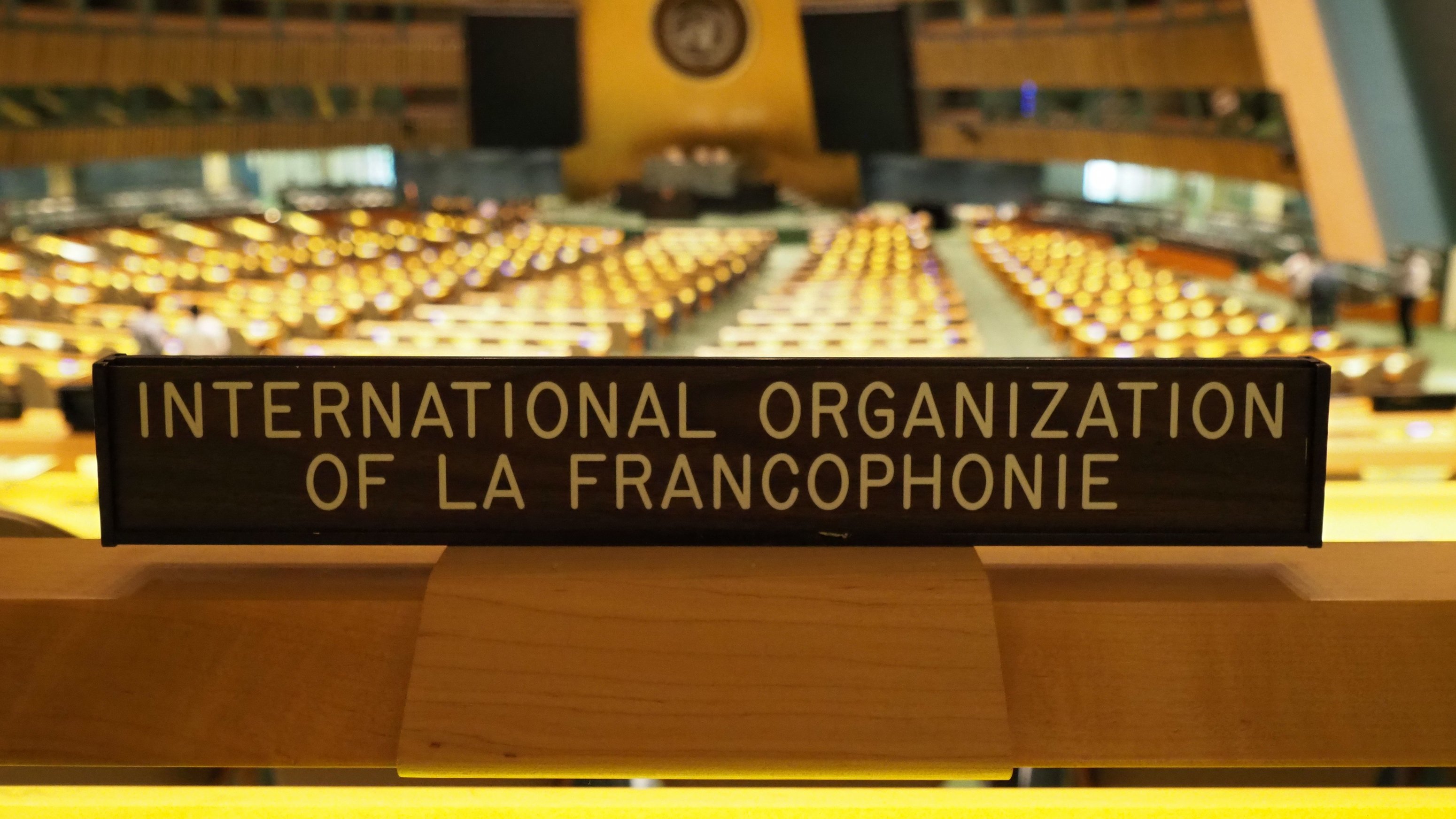 Cette image montre un intérieur d'une grande salle de conférence, probablement à l'ONU. Au premier plan, on voit un panneau en bois portant l'inscription "INTERNATIONAL ORGANIZATION OF LA FRANCOPHONIE". Derrière ce panneau, de nombreuses rangées de sièges sont disposées, chaque rangée étant équipée de petits dispositifs lumineux. La lumière ambiante de la salle crée une atmosphère chaleureuse et accueillante. Les couleurs varient entre des teintes dorées des dispositifs lumineux et les éléments architecturaux modernes du bâtiment. On peut sentir un sentiment d'importance et de sérieux dans cet espace, dédié à des discussions diplomatiques et internationales.