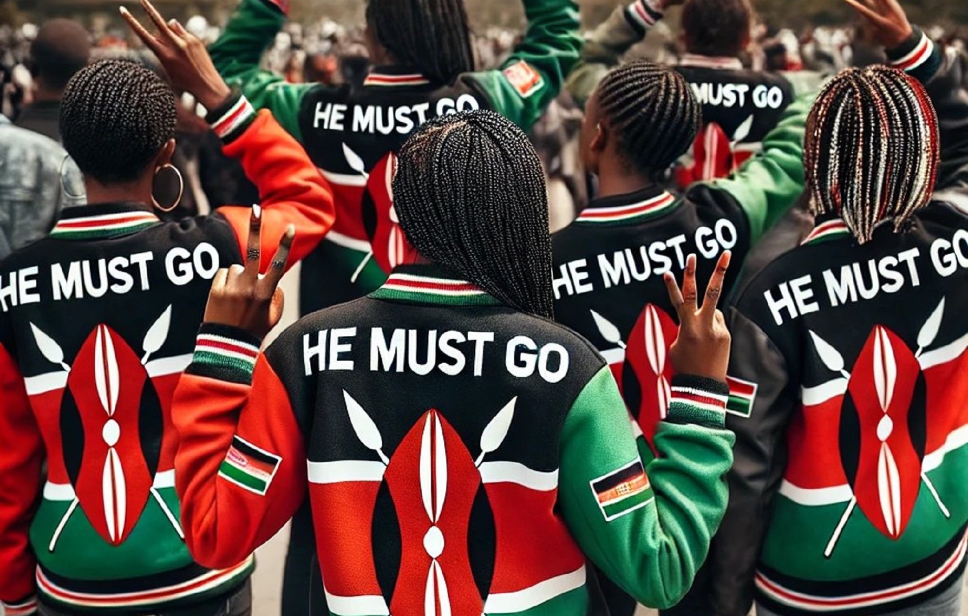 L'image montre un groupe de personnes de dos, toutes portant des vestes aux couleurs du drapeau kenyan : rouge, vert et noir. Les vestes sont ornées d'un motif traditionnel kenyan, représentant des lances et des boucliers. Les personnes font des signes de paix avec leurs mains, et un slogan écrit en lettres capitales sur les vestes dit "HE MUST GO". En arrière-plan, on aperçoit un paysage urbain avec des bâtiments modernes, suggérant une ambiance de manifestation ou de rassemblement. L'ensemble dégage une forte camaraderie et un message de revendication.