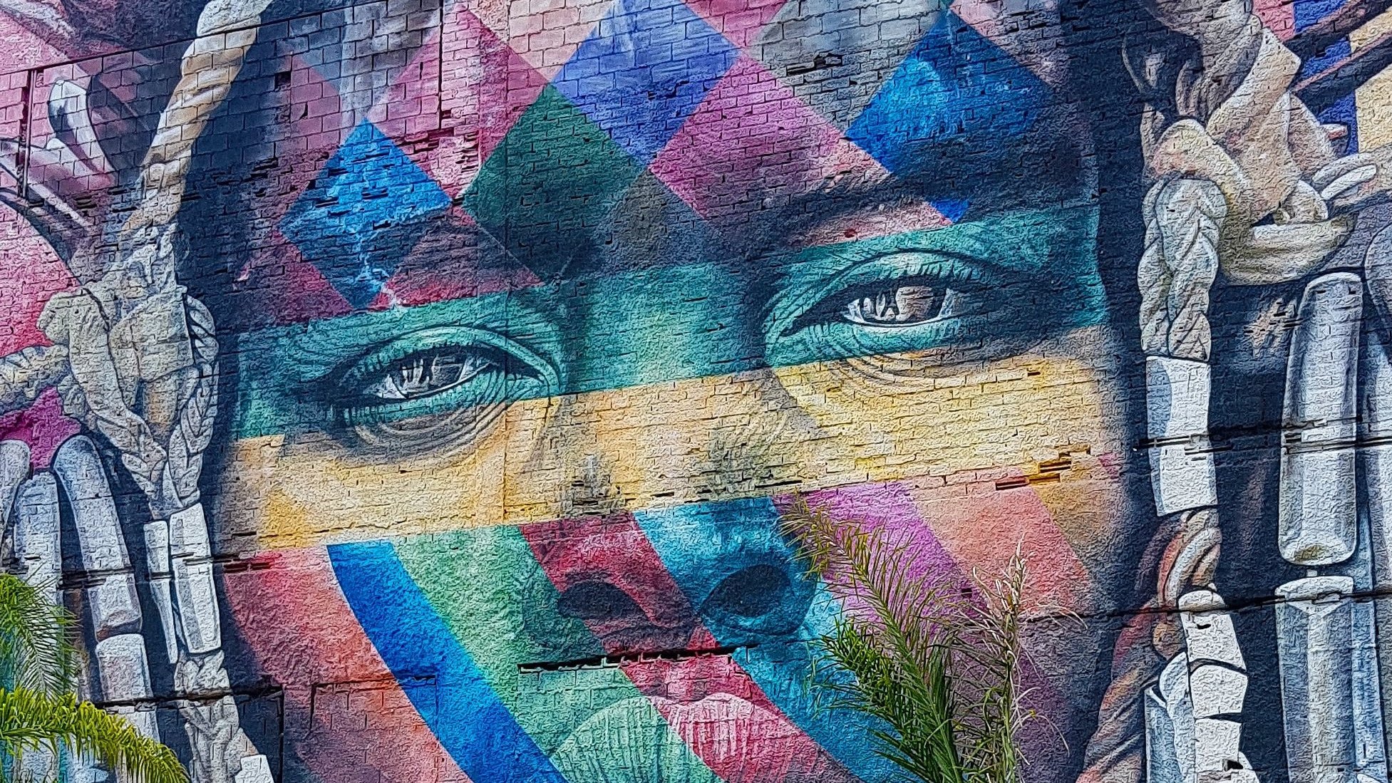 L'image présente une grande fresque murale colorée à la surface d'un bâtiment. Au centre, on voit le visage d'une personne, dont les traits sont rehaussés par des motifs géométriques en plusieurs couleurs, notamment des nuances de bleu, de rose, de jaune et de vert. Cette représentation artistique semble transmettre une intense expression émotionnelle, avec des yeux profonds et captivants. La personne porte des accessoires distinctifs dans les cheveux et des ornements sur le visage, ajoutant à la richesse de cette œuvre. En bas à droite, on aperçoit une jeune plante, évoquant un contraste entre l'urbanisme et la nature. L'ensemble de l'œuvre évoque une sensation de vitalité et de culture.