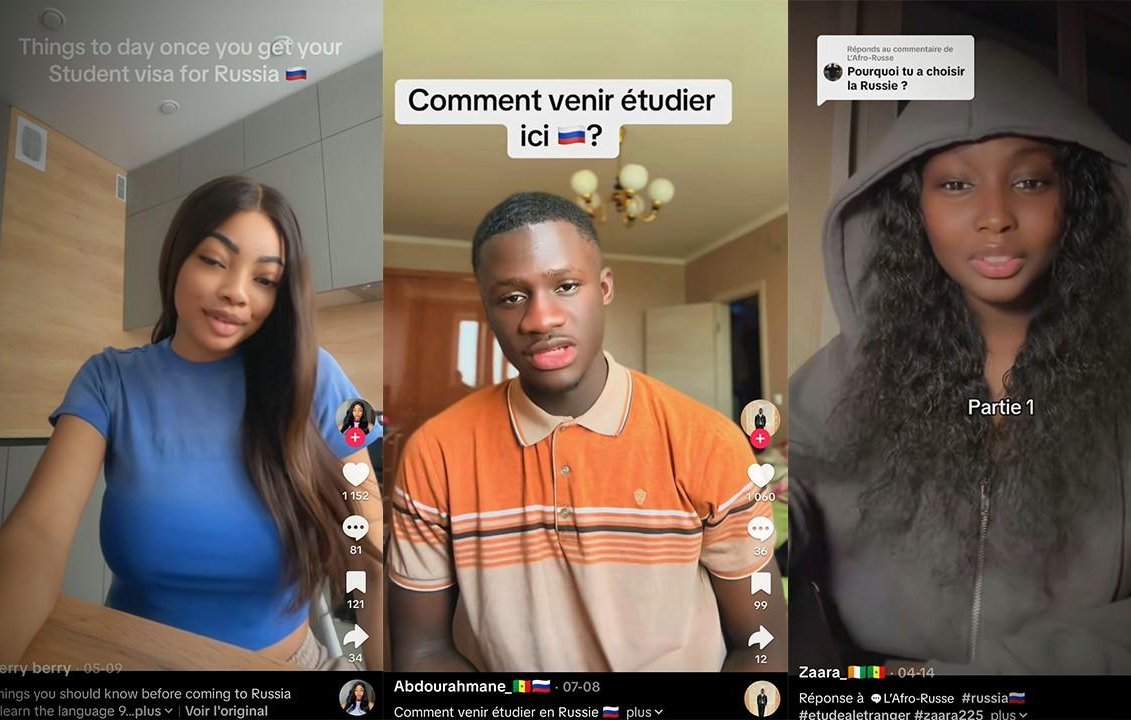 L'image montre trois jeunes adultes, chacun partageant des conseils sur l'étude en Russie. À gauche, une femme souriante avec des cheveux longs et noirs expose des informations, probablement sur la manière de s'adapter à la vie en Russie. Elle a un air amical et engageant. Au centre, un jeune homme, avec une expression sérieuse, semble donner des conseils sur les démarches à suivre, avec une attention particulière à la manière de venir en Russie pour étudier. À droite, une autre femme, avec des cheveux longs et un style élégant, est montrée en train de répondre à des questions sur le choix de la Russie comme destination d'études. Chaque personne est présentée sous un éclairage naturel, et l'atmosphère générale est dynamique et informative, avec des éléments graphiques de réseaux sociaux en bas de l'image.