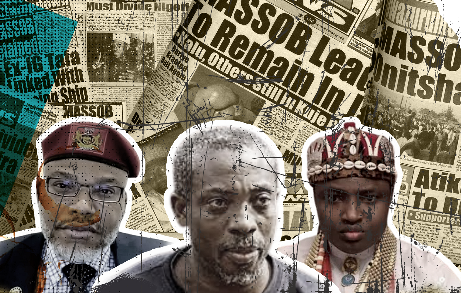 L'image représente un collage d'éléments visuels symboliques liés à un contexte historique ou politique. En arrière-plan, on peut voir des extraits de journaux, suggérant une ambiance de reportage et d'actualité. Au premier plan, il y a trois silhouettes d'hommes, chacun portant des attributs distincts. Le premier, à gauche, est habillé en tenue militaire avec une casquette, tandis que le second, au centre, a une expression sérieuse et un style vestimentaire décontracté. Le dernier homme, à droite, porte une coiffe traditionnelle qui indique des racines culturelles profondes. L'ensemble de l'image transmet une impression de tension et de gravité, avec des éléments graphiques qui soulignent les enjeux sociopolitiques évoqués par les visages et les textes.