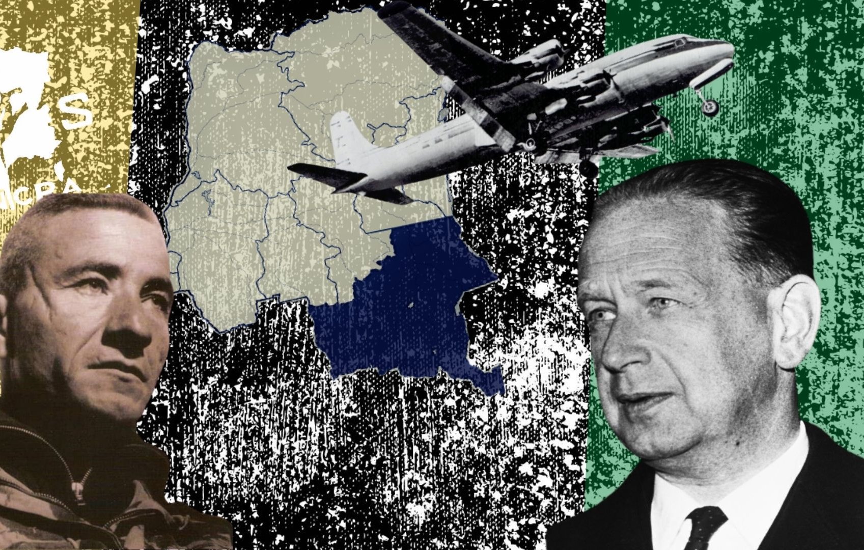L'image que vous avez devant vous est une composition graphique qui évoque un contexte historique. En arrière-plan, on peut distinguer une carte de l'Afrique centrale, mettant en avant des zones colorées, notamment une partie en bleu. Sur la gauche, un homme en uniforme militaire regarde vers la droite. Son expression semble sérieuse et déterminée. À droite, un autre homme en costume, avec une expression plus calme, est également tourné vers la gauche. Au-dessus de la carte, un avion survole la scène, suggérant un mouvement dans les airs. Le fond est texturé et présente des éléments en noir et blanc, ce qui accentue une atmosphère de gravité et de tension. Dans le coin supérieur gauche, un logo ou un symbole, dont la signification n'est pas précisée, attire également l'attention. Les couleurs vertes, jaunes et rouges des contours de la carte pourraient évoquer le drapeau d'un pays d'Afrique.