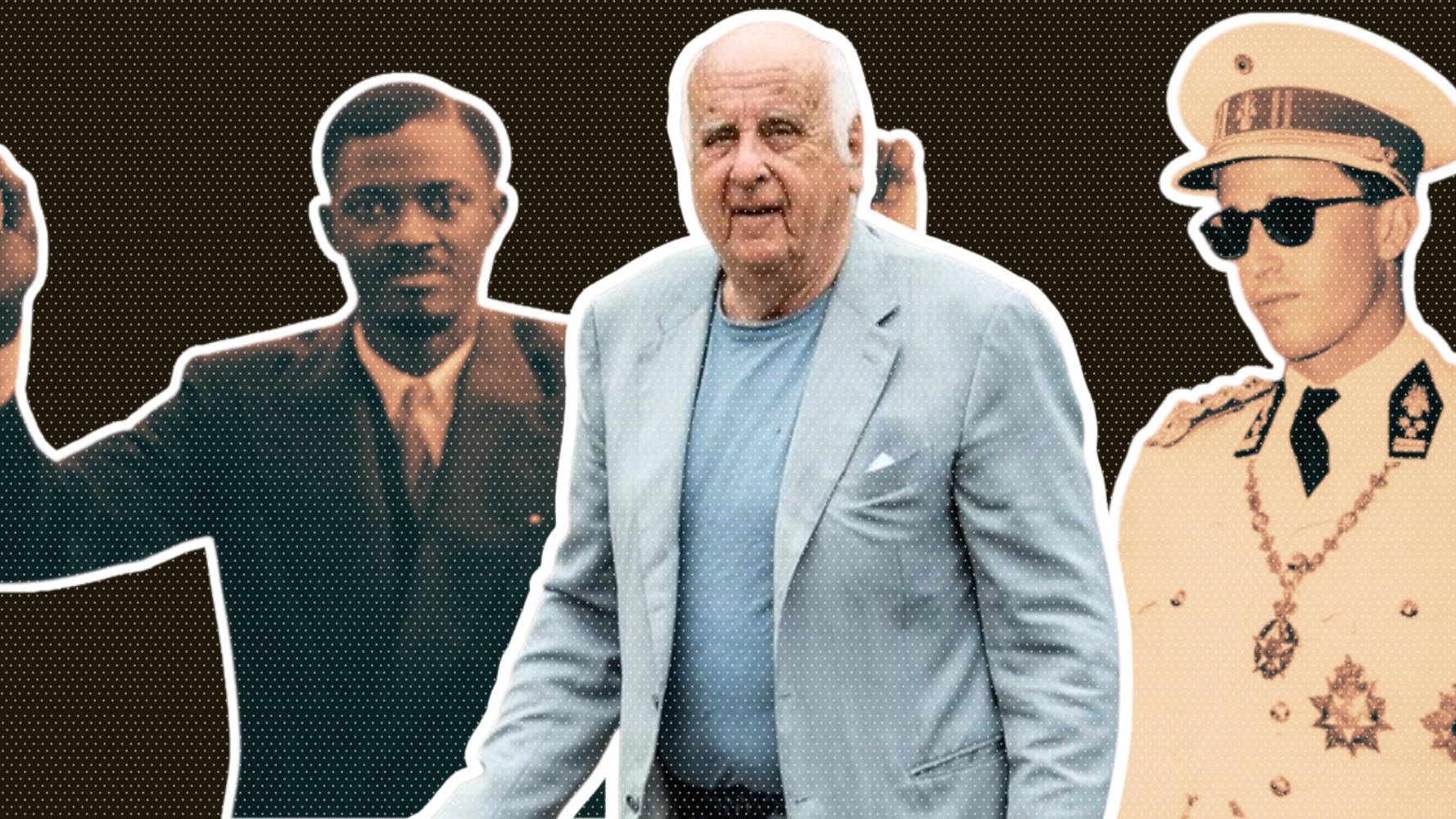 L'image présente trois figures distinctes, chacune représentée dans un style photographique. 1. À gauche, un homme noir, habillé en costume sombre, lève un bras avec détermination, montrant potentiellement un geste de protestation ou de célébration. 2. Au centre, un homme plus âgé, d'apparence amicale, porte un blazer clair et un t-shirt bleu. Il semble être en train de marcher, dégageant une aura de respectabilité et de sagesse. 3. À droite, un homme habillé en uniforme militaire, portant des lunettes de soleil et des décorations sur sa tenue. Son expression est sérieuse, ajoutant une dimension de pouvoir ou d'autorité à son image. L'arrière-plan est de couleur sombre, mettant en valeur les personnages qui sont entourés d'un contour blanc, ce qui attire l'attention sur leurs différences de style et de caractère.