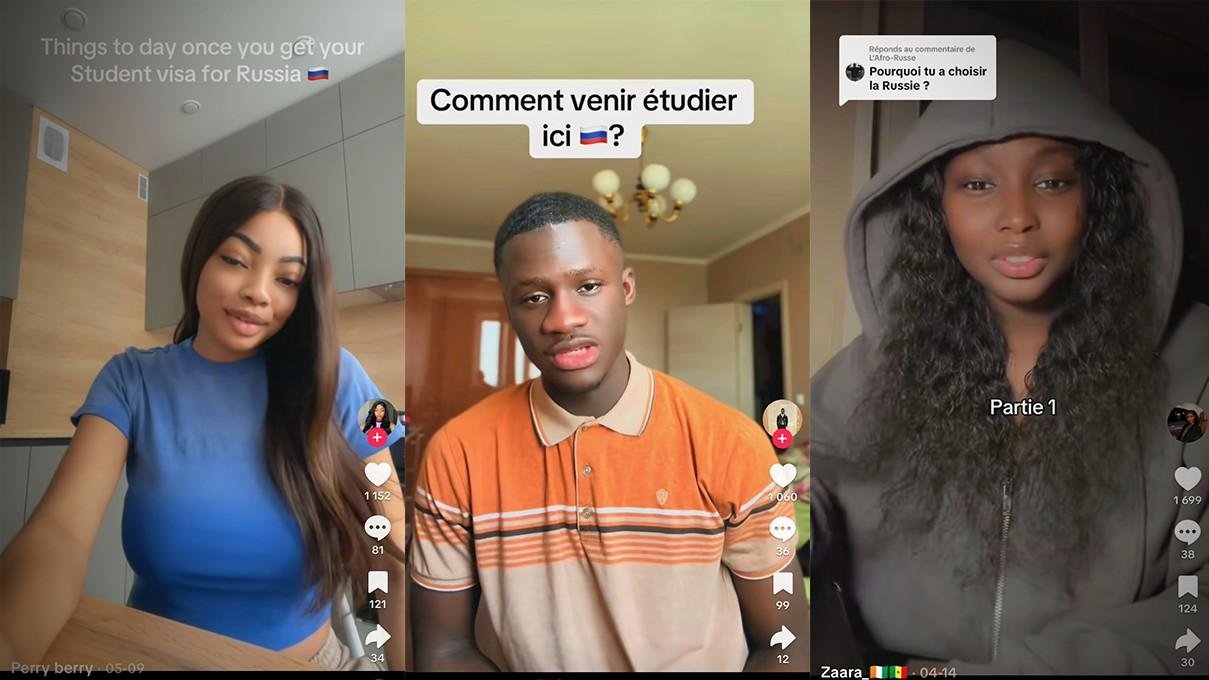 L'image montre trois jeunes adultes, chacun partageant des conseils sur l'étude en Russie. À gauche, une femme souriante avec des cheveux longs et noirs expose des informations, probablement sur la manière de s'adapter à la vie en Russie. Elle a un air amical et engageant. Au centre, un jeune homme, avec une expression sérieuse, semble donner des conseils sur les démarches à suivre, avec une attention particulière à la manière de venir en Russie pour étudier. À droite, une autre femme, avec des cheveux longs et un style élégant, est montrée en train de répondre à des questions sur le choix de la Russie comme destination d'études. Chaque personne est présentée sous un éclairage naturel, et l'atmosphère générale est dynamique et informative, avec des éléments graphiques de réseaux sociaux en bas de l'image.