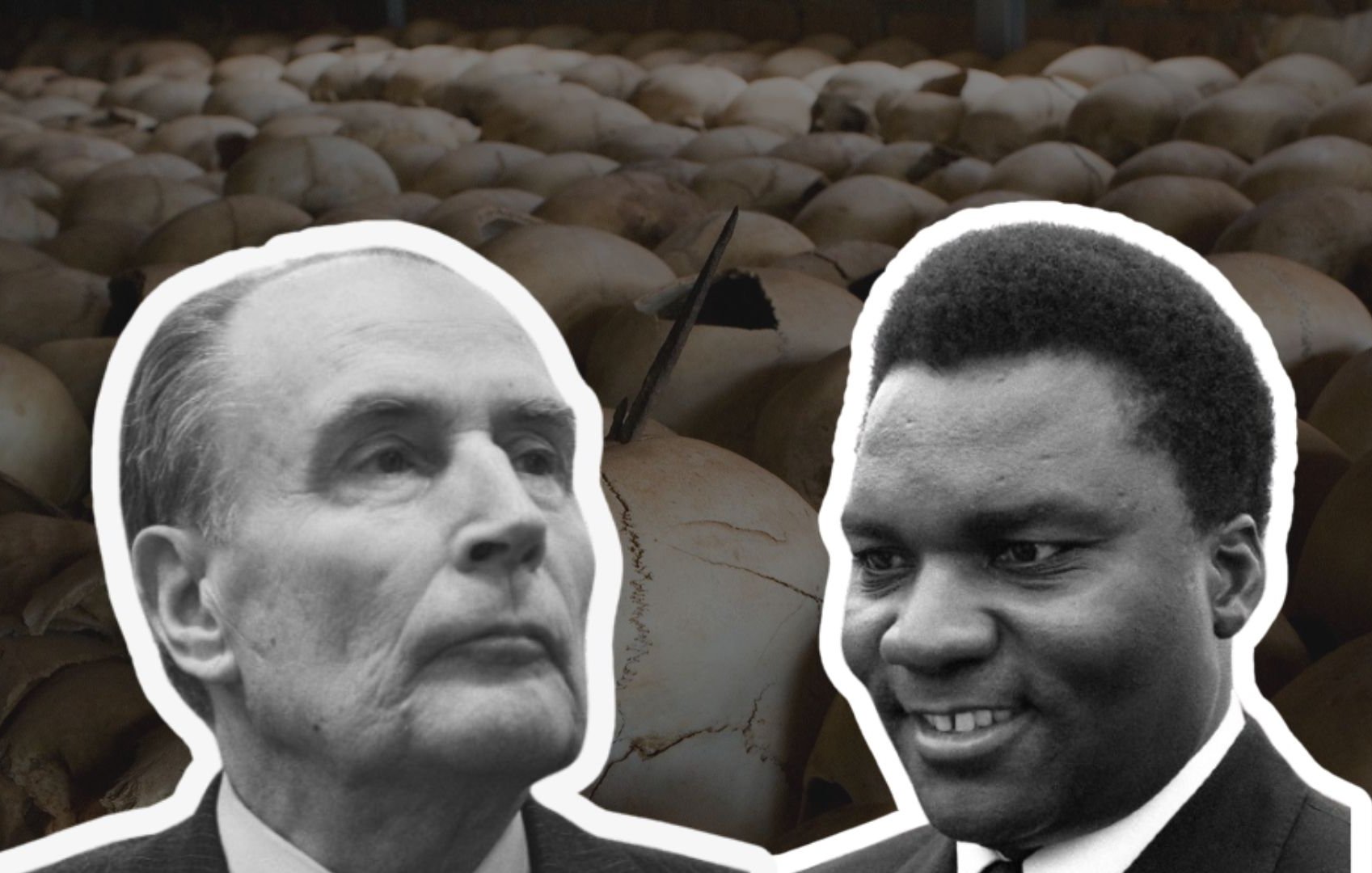 L'image illustre deux figures humaines, probablement des personnages historiques, disposées sur un fond sombre composé de nombreux crânes. La surface sur laquelle se trouvent les crânes est irrégulière, accentuant l'aspect tragique de la scène. Les visages des deux individus en premier plan sont présentés de manière distincte, l'un étant pensif et sérieux, tandis que l'autre affiche un sourire. La juxtaposition des personnages avec le fond évoque des thèmes de mémoire et de conflit, créant une atmosphère pesante et émotive.