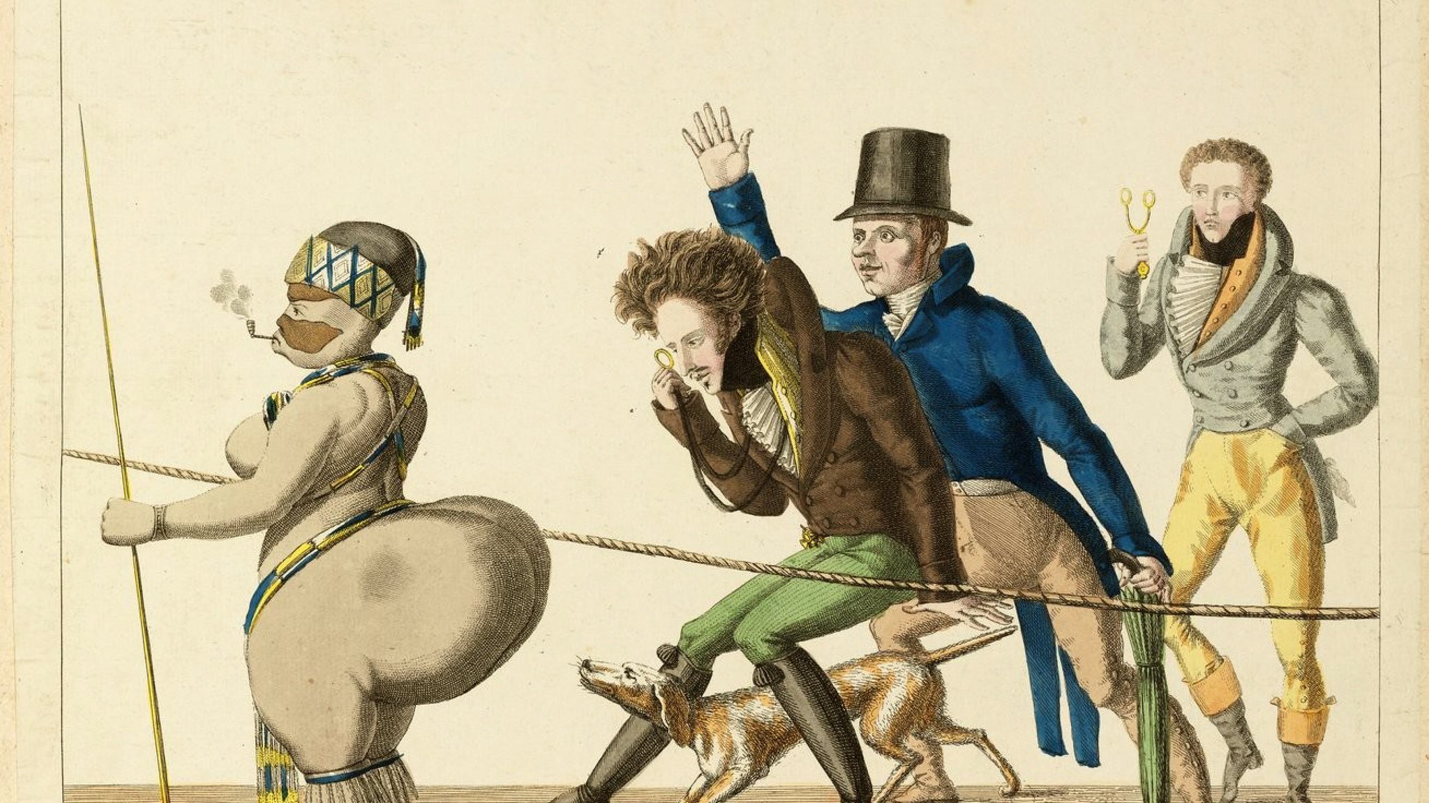 Cette image est une illustration humoristique et satirique du XIXe siècle, représentant un groupe de personnages en procession. À l'avant, une femme aux formes généreuses marche le long d'une corde. Elle est vêtue de manière exotique, avec un bijou dans les cheveux et des décorations sur son corps. À sa suite, trois hommes sont en marche : l'un d'eux, portant un chapeau haut de forme, semble admirer la femme ; un autre, avec une posture plus curieuse et concentrée, se penche en avant ; et le dernier, avec une expression de désapprobation, porte un vêtement élégant et un foulard. Un petit chien les accompagne, ajoutant un côté comique à la scène. L'image utilise des couleurs vives et un style caricatural pour accentuer les traits des personnages et créer une atmosphère ludique.