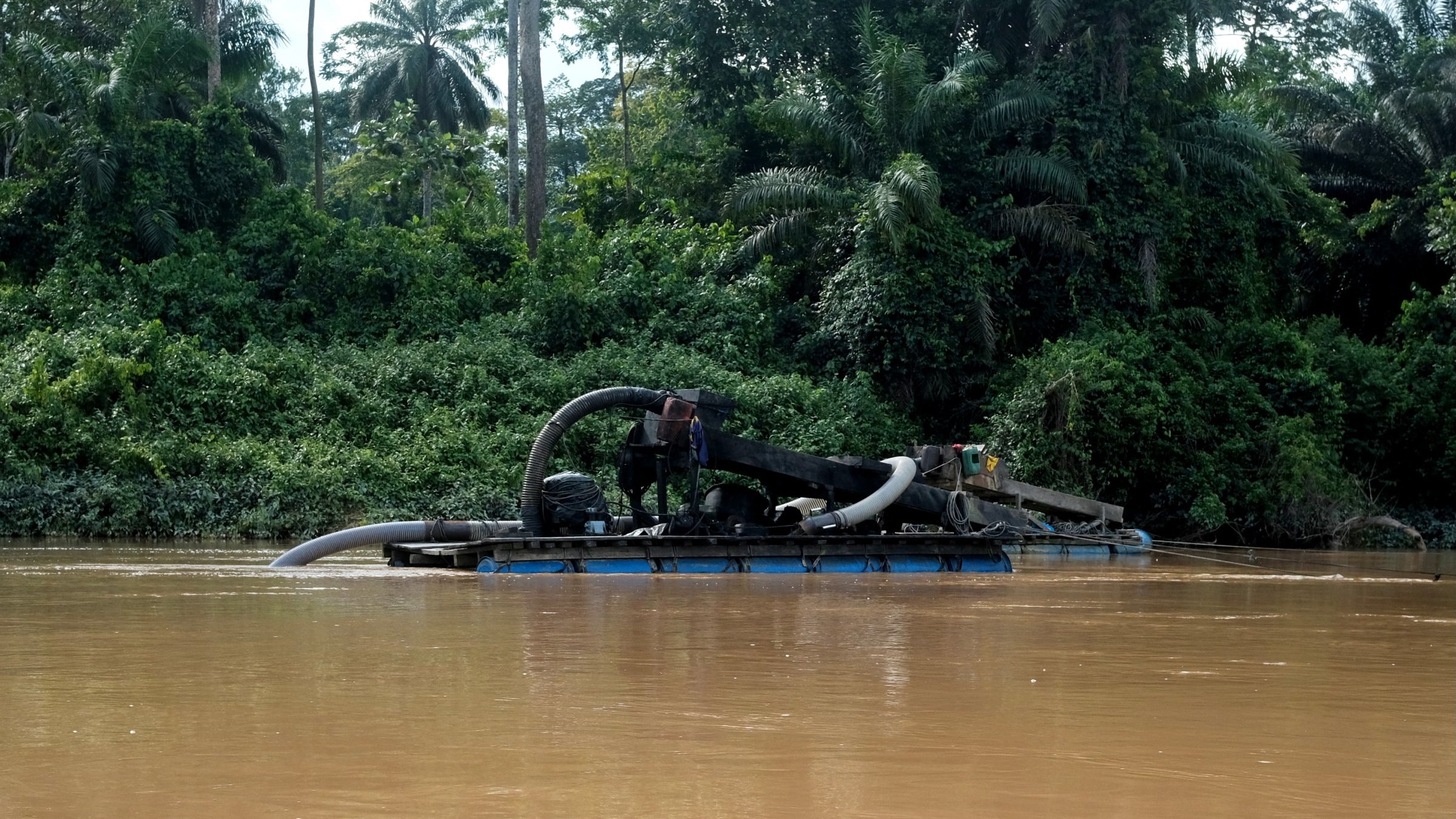 L'image montre un bateau sur une rivière aux eaux brunes. Ce bateau est équipé d'un grand tuyau qui semble aspirer de la matière de l'eau. À l'arrière-plan, on peut voir une végétation dense, composée de grandes plantes et d'arbres tropicaux, qui créent une ambiance naturelle et verdoyante. La scène évoque une activité liée à l'extraction de ressources, probablement de l'or ou des minéraux, dans un environnement de jungle.