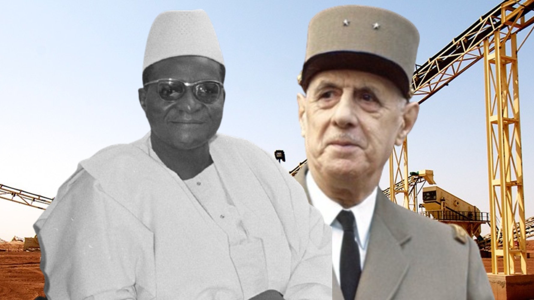 L'image montre deux figures importantes de l'histoire. À gauche, on voit un homme portant une tenue traditionnelle, avec une chemise blanche et un chapeau. Il a une expression sereine. À droite, un homme en uniforme militaire, avec un chapeau distinctif, regardant vers l'objectif. L'arrière-plan est composé d'une infrastructure industrielle, peut-être des machines ou des bâtiments, qui évoque un cadre de développement économique. L'ensemble de l'image semble évoquer une rencontre entre deux cultures ou époques différentes.