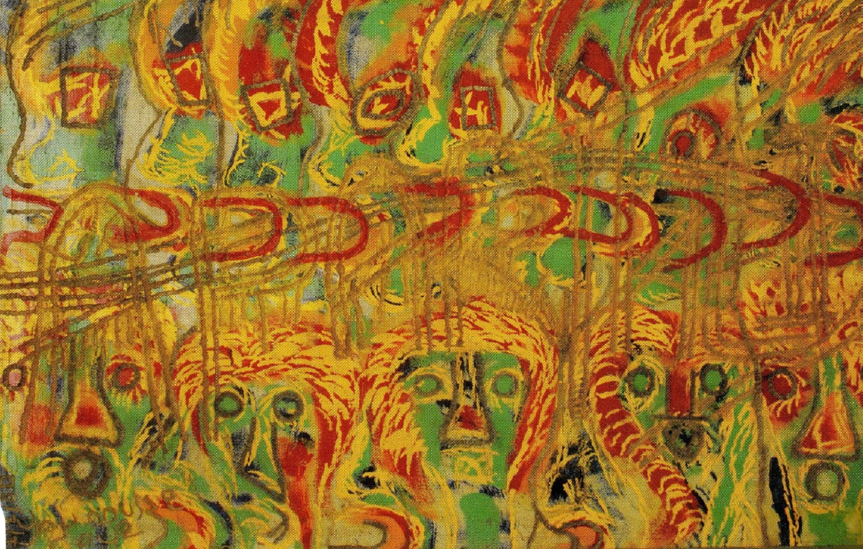 Cette œuvre est une peinture vibrante et dynamique, remplie de couleurs chaudes et froides. On y trouve des nuances de rouge, d'orange et de jaune qui se mêlent à des touches de vert et de bleu, créant un contraste saisissant. Les formes semblent tourbillonner et se chevaucher, évoquant des visages abstraits qui sont partiellement visibles. L'ensemble dégage une sensation de mouvement, presque comme une danse, où les figures semblent interagir entre elles. Les traits sont lâches et expressifs, laissant une impression de chaos organisé, comme une scène animée remplie d'énergie et d'émotion.