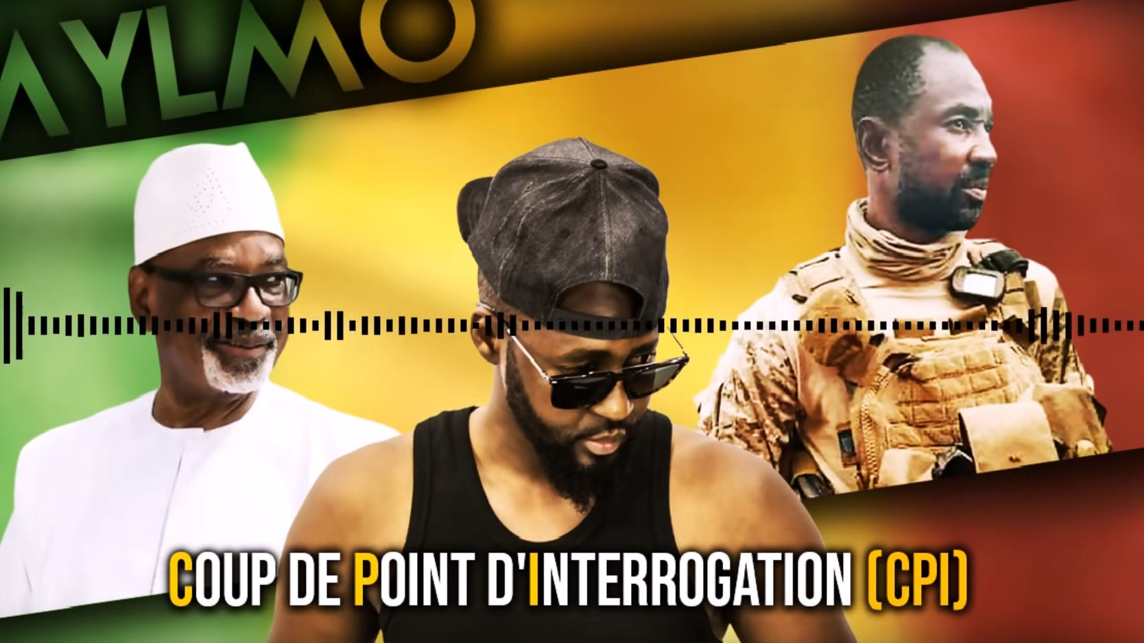 L'image présente un collage dynamique avec des éléments visuels attrayants. À gauche, on voit un homme portant un costume traditionnel et un chapeau blanc. À droite, un soldat en uniforme militaire, avec une expression sérieuse. Au centre, un homme en t-shirt noir regarde vers le bas, semblant pensif. En arrière-plan, on distingue des couleurs vives, principalement vert et jaune, ajoutant une atmosphère énergique. En bas de l'image, il y a le texte "COUP DE POINT D'INTERROGATION (CPI)" en lettres capitales, indiquant probablement le titre ou le thème central de l'œuvre. En somme, l'image évoque une confrontation ou un dialogue autour de questions importantes.