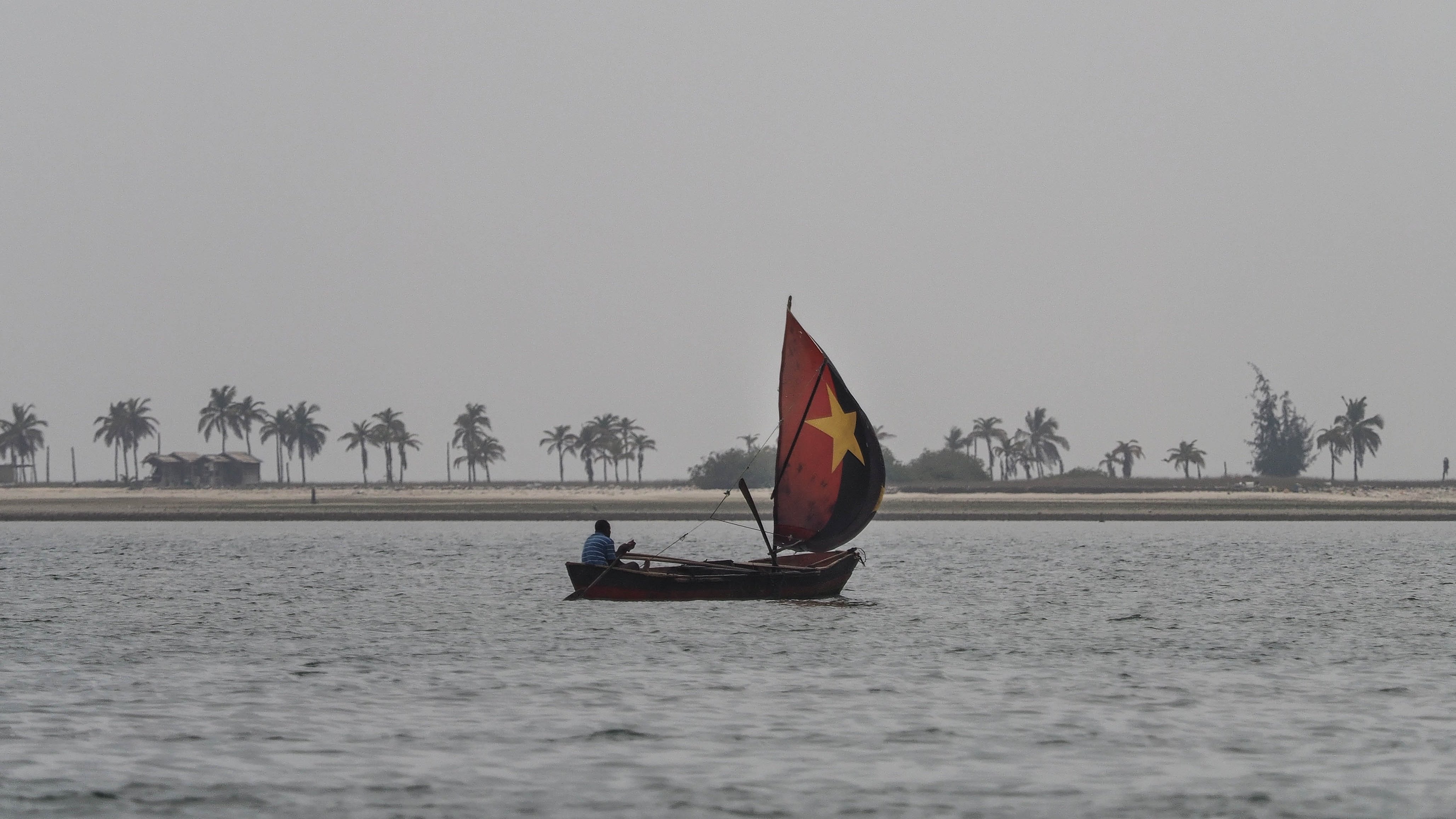 L'image montre une scène calme sur l'eau, où un petit bateau à voile glisse doucement sur des vagues légères. Le voilier est décoré d'un grand drapeau aux couleurs vives, incluant une étoile, qui se distingue dans le paysage. Au loin, on aperçoit une plage bordée de palmiers qui se dressent contre un ciel nuageux et brumeux. L'atmosphère est paisible, suggérant un moment de solitude et de tranquillité au bord de l'eau. La douceur du vent et l'écho des vagues contribuent à créer une ambiance sereine.