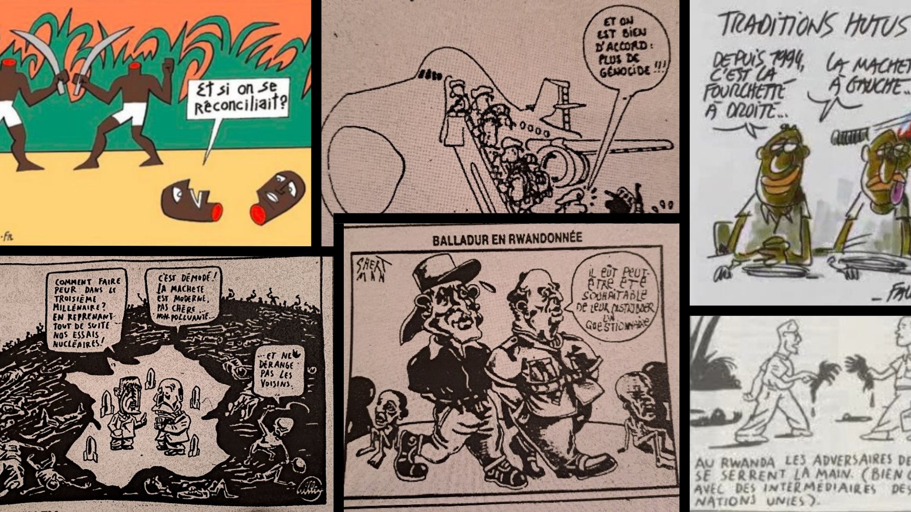 L'image est une composition de plusieurs dessins humoristiques et caricatures. 1. En haut à gauche, on voit une illustration où deux personnages discutent, l'un disant simplement "Et si on se réconciliait ?". 2. En haut à droite, une scène marine avec un bateau et un personnage qui semble occupé à une tâche, suggérant une ambiance d'aventure ou d'exploration. 3. En bas à gauche, il y a une représentation d'individus dans une situation de conflit ou de tension, avec un décor qui semble symboliser un retour à la nature ou aux racines. 4. En bas à droite, une caricature dépeignant des figures souvent associées à la critique sociale, avec des traits exagérés pour souligner des comportements ou des thèmes spécifiques. L'ensemble dégage un mélange d'humour et de réflexion sociale, probablement lié à des enjeux culturels ou politiques, utilisant le dessin comme moyen d'expression. Les couleurs et le style varié des dessins ajoutent une couche de légèreté, malgré des sujets potentiellement sérieux.