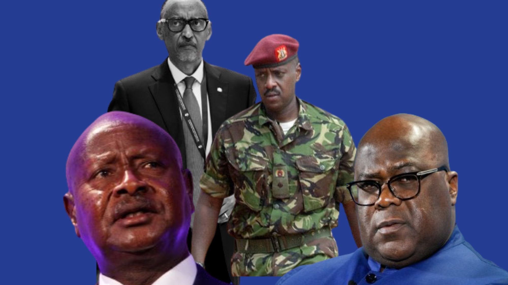 L'image présente plusieurs figures au premier plan, avec un arrière-plan bleu. À gauche, on voit un homme avec une expression préoccupée, au centre un militaire en tenue camouflage, et à droite un homme portant des lunettes et une expression sérieuse. En arrière-plan, il y a une autre silhouette d'un homme en costume. L'ensemble crée une composition qui semble mettre en avant des personnages influents dans un contexte politique ou militaire.