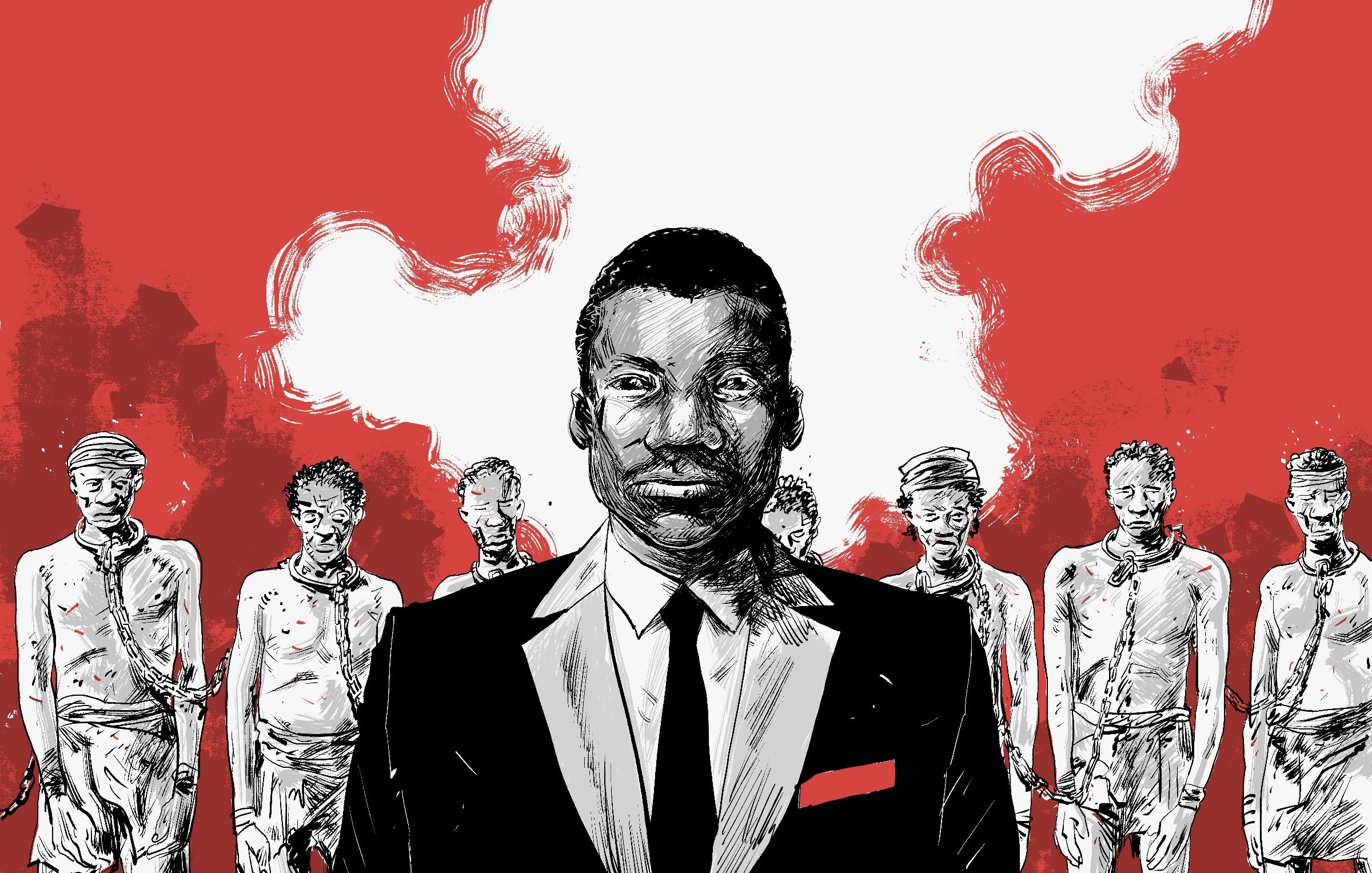 L'image présente un homme en costume noir, avec une chemise blanche et une cravate noire, au centre du dessin. Il a un regard déterminé, et un détail rouge sur sa veste attire l'attention. En arrière-plan, on aperçoit plusieurs figures humaines en position statique, représentant des personnes au visage affligé et au corps maigre, probablement en train de vivre une situation difficile. L'arrière-plan est dominé par des teintes rouges et des formes floues, créant une atmosphère intense et troublante. Cette image évoque des thèmes de souffrance, d'injustice et de résilience.