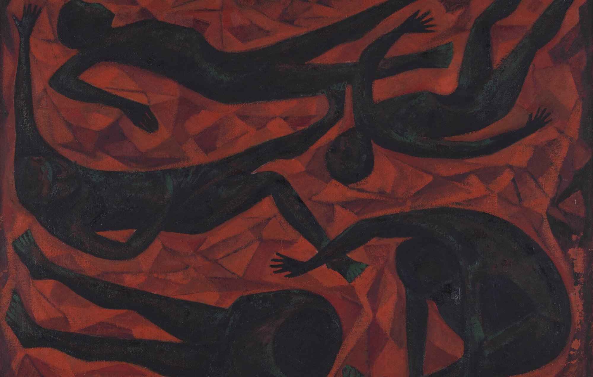 L'image présente une composition abstraite dominée par des teintes de rouge et des silhouettes humaines stylisées. Au centre, plusieurs formes noires évoquent des corps en mouvement, disposés de manière dynamique sur un fond vibrant. Les figures sont allongées et sèches, certaines semblent se déplacer, tandis que d'autres sont presque immobiles. Les contours des corps s'entremêlent, créant une impression de fluidité et de connexion. Le contraste entre les formes sombres et le fond rouge intense évoque des émotions fortes, créant une atmosphère à la fois dramatique et énergique.