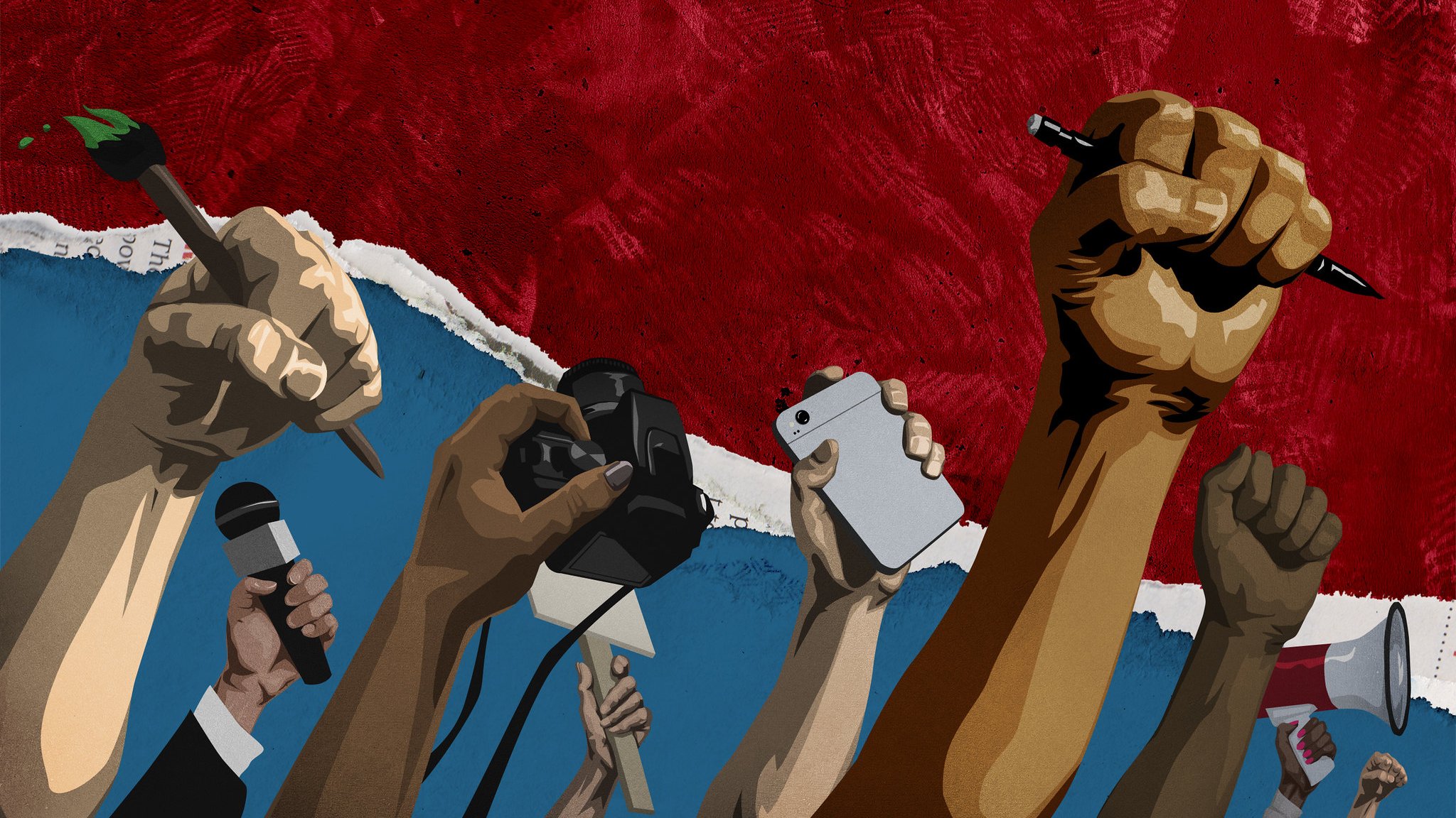 L'image représente une scène dynamique et symbolique de mobilisation. Au premier plan, plusieurs mains s'élèvent, tenant différents objets représentant l'expression et la communication. On voit des mains qui tiennent des stylos, un microphone, une caméra, un téléphone portable et un mégaphone. Leurs poings sont levés, symbolisant la solidarité et la lutte pour la liberté d'expression. L'arrière-plan est divisé en deux couleurs : un rouge intense dominate en haut, évoquant une passion et une détermination, et un bleu apaisant en bas, qui pourrait symboliser l'espoir et la paix. Le contraste entre ces couleurs renforce l'énergie de la scène, soulignant l'importance de l'engagement collectif. Cette illustration évoque les thèmes de la voix, de l'activisme et de la résistance.