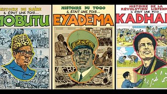 L'image présente trois illustrations distinctes, chacune dédiée à un personnage historique et son pays. À gauche, nous avons une représentation de Mobutu, le leader du Zaire, affichant un style vestimentaire traditionnel avec un chapeau typique, entouré de motifs évoquant des scènes de la vie politique et sociale du pays.Au centre, se trouve Eyadéma, le dirigeant du Togo, habillé en uniforme militaire. Son expression est sérieuse, symbolisant son rôle dans l'histoire du pays. En arrière-plan, plusieurs éléments graphiques illustrent des moments clés de son règne.À droite, Kadhafi, le leader libyen, est dépeint dans un cadre où il s'adresse à une foule. Son image est entourée de symboles révolutionnaires, reflétant son impact sur la Libye et ses idéaux politiques.Chaque illustration est accompagnée de titres en couleurs vives, faisant référence à l'histoire de chacun de ces personnages et à leur influence dans leur région respective.