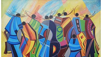 L'image présente une composition colorée et vibrante, typique de l'art abstrait. On y voit plusieurs silhouettes humaines, représentant des personnes en mouvement, probablement en train de marcher ensemble. Les figures sont stylisées, avec des formes géométriques et des lignes fluides, créant une dynamique de groupe. Les couleurs vives, comme le bleu, le rouge, le vert et le jaune, se mélangent harmonieusement, évoquant une atmosphère festive et joyeuse. L'arrière-plan est également coloré, ajoutant à la sensation de mouvement et d'énergie collective. Les personnages semblent engagés dans une interaction vivante, suggérant une fraternité et une célébration partagée.