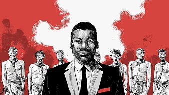 L'image présente un homme en costume noir, avec une chemise blanche et une cravate noire, au centre du dessin. Il a un regard déterminé, et un détail rouge sur sa veste attire l'attention. En arrière-plan, on aperçoit plusieurs figures humaines en position statique, représentant des personnes au visage affligé et au corps maigre, probablement en train de vivre une situation difficile. L'arrière-plan est dominé par des teintes rouges et des formes floues, créant une atmosphère intense et troublante. Cette image évoque des thèmes de souffrance, d'injustice et de résilience.