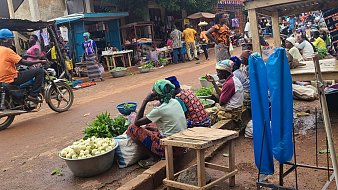L'image montre une scène de marché vivant. Sur un chemin en terre battue, des femmes sont assises sur des banquettes en bois, entourées de paniers et de légumes frais. Certaines des femmes portent des tissus colorés et des foulards sur la tête, et elles semblent occupées à vendre des produits comme des légumes verts. En arrière-plan, des vendeurs s'affairent et des clients circulent. Des motos passent également sur la route, ajoutant à l'animation du lieu. L'atmosphère générale est vibrante, illustrant la vie quotidienne d'un marché local. Des arbres feuillus offrent une ombre bienvenue, tandis que des bâtiments modestes bordent la rue.