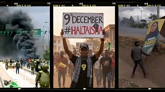 Cette image est divisée en trois parties distinctes. Dans la première partie, on voit une scène de chaos avec de la fumée noire s'élevant, suggérant une manifestation ou des troubles civils. Des personnes sont visibles, probablement en train de s'éloigner ou de s'affronter avec les forces de l'ordre, créant une atmosphère de tension. La deuxième partie montre un homme levant un grand panneau sur lequel est écrit "9th December #Haitajisha". Il semble être au centre d'une manifestation, affichant un message de protestation ou d'appel à l'action. Il porte un t-shirt noir et une écharpe, s'affirmant visiblement dans son engagement. Dans la troisième partie, un autre homme est aperçu en train de manipuler un panneau de campagne. Ce panneau semble représenter un candidat ou un supporter politique, et l'environnement évoque un espace urbain. L'ensemble de l'image donne un aperçu des dynamiques sociales et politiques actuelles, mêlant des éléments d'activisme et d'engagement communautaire.