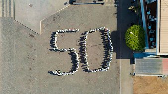 L'image montre une vue aérienne d'une place où des personnes sont réunies pour former le chiffre "50". Les participants sont disposés de manière à créer les deux chiffres avec leurs corps, et ils semblent porter des vêtements clairs, peut-être des t-shirts blancs. Autour, on peut voir des pavés au sol et quelques éléments de paysage urbain, comme des arbres et des bâtiments en arrière-plan. L'ambiance semble conviviale et festive, suggérant que cet événement marque une célébration ou un anniversaire.