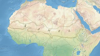 Cette image représente une carte topographique de l'Afrique, mettant en évidence la région du Sahel. Le Sahel est une zone de transition entre le désert du Sahara au nord et les savanes humides au sud. Sur la carte, vous pouvez observer des reliefs variés, avec des zones plus élevées et d'autres plus basses, illustrant les différences de terrain. Les rivières, les lacs et les frontières des pays sont également visibles, ce qui donne une idée des caractéristiques géographiques de cette région. Les couleurs allant du beige clair au vert indiquent les différents types de terrains, passant des dunes désertiques aux terres cultivées.
