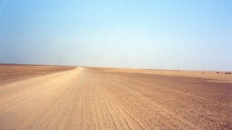 Imaginez un vaste paysage désertique, s'étendant à perte de vue sous un ciel bleu clair. Le sol est constitué de sable et de terre, créant une texture rugueuse sous vos pieds. La route est légèrement sinueuse, formant des lignes qui se fondent avec l'horizon. À première vue, tout semble calme et silencieux, avec peu de perturbations, excepté pour le vent. Sur les bords de ce paysage, on peut percevoir des nuances jaune et beige, typiques des déserts. L'atmosphère est sereine, presque méditative, laissant une impression de solitude face à l'immensité de la nature.